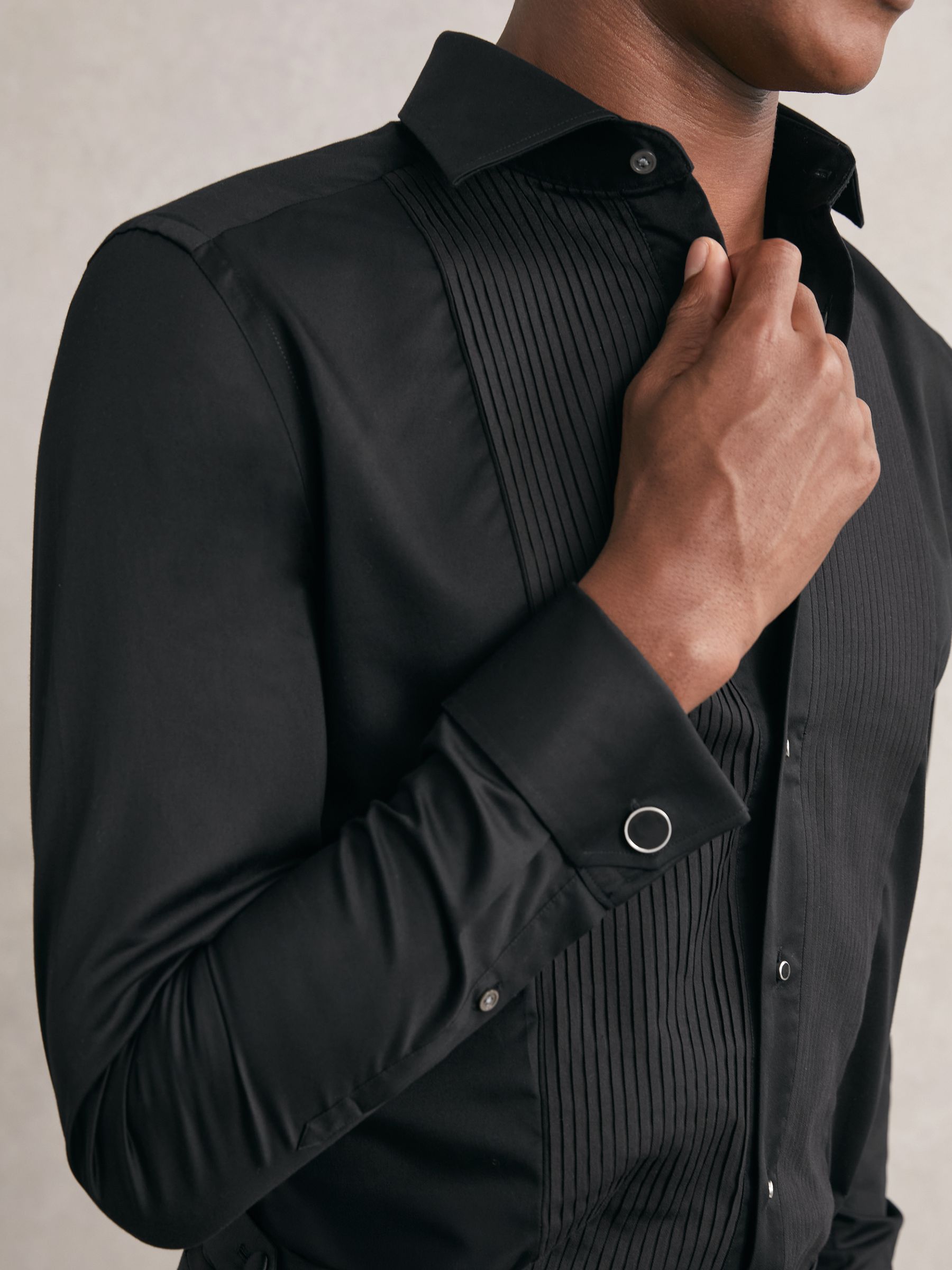 Slim Fit Cotton Double-Cuff Dinner Shirt in Black - Image 3 of 7