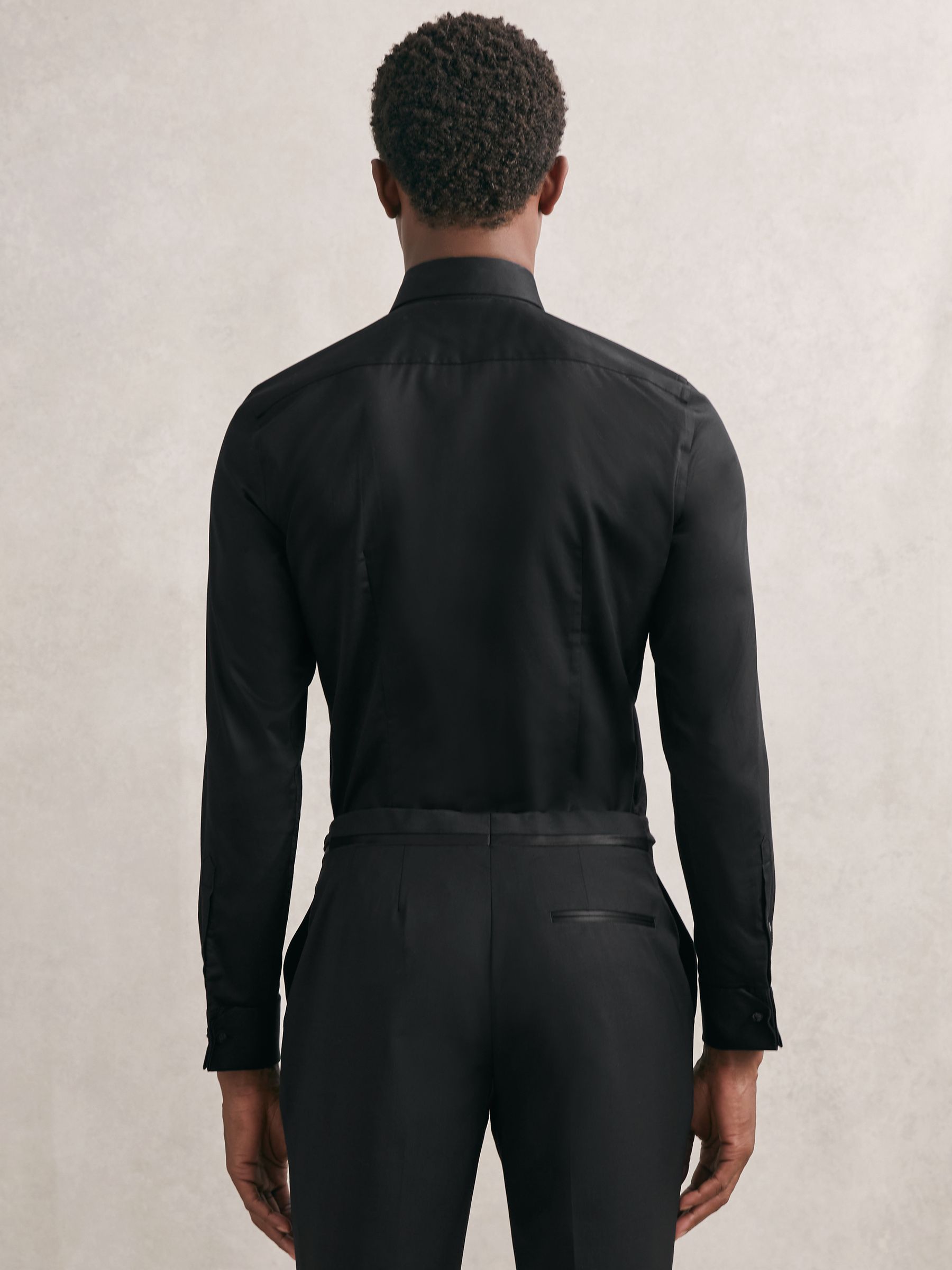 Slim Fit Cotton Double-Cuff Dinner Shirt in Black - Image 6 of 7