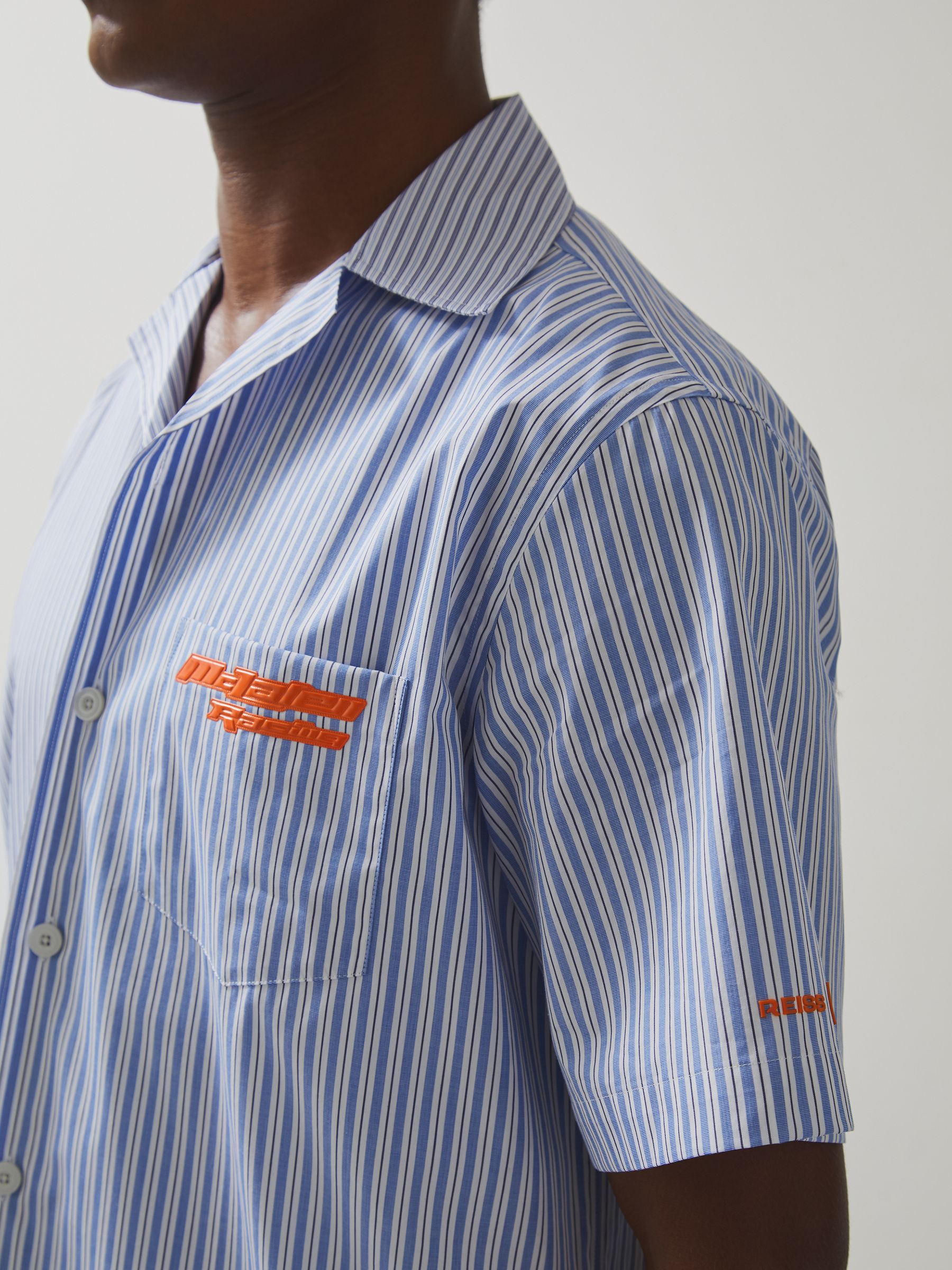 McLaren F1 Team Cuban Collar Striped Shirt in Soft Blue/White - Image 3 of 6