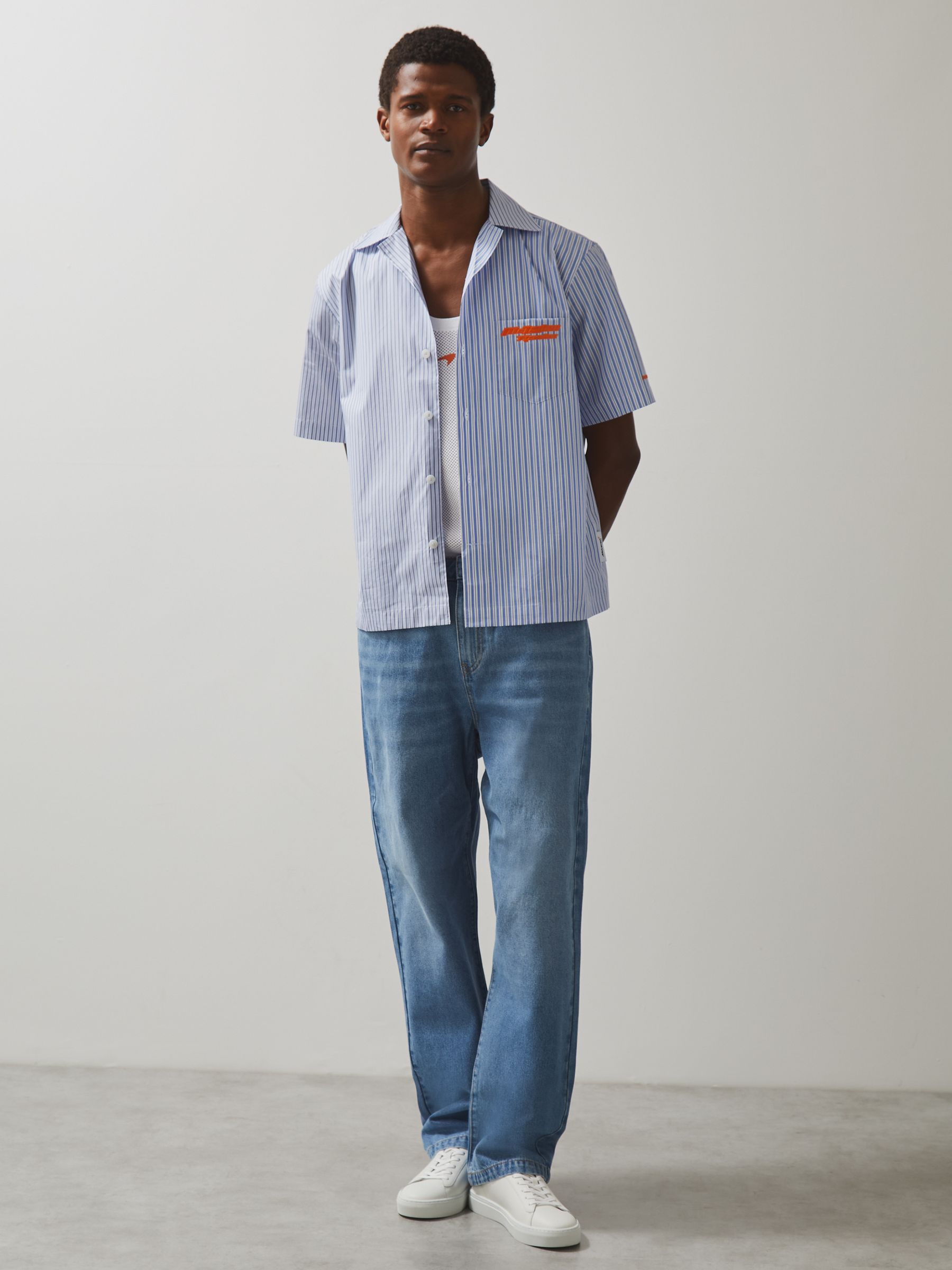 McLaren F1 Team Cuban Collar Striped Shirt in Soft Blue/White - Image 4 of 6