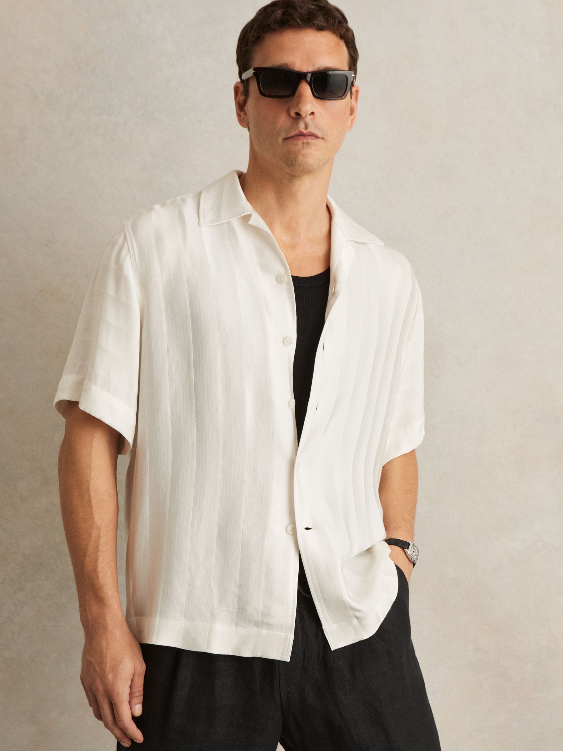 Jacquard Stripe Cuban Collar Shirt in White - Image 1 of 5