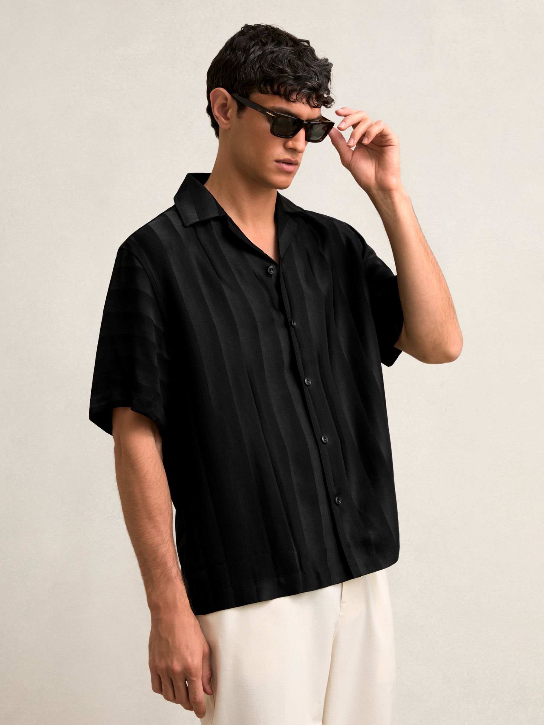 Jacquard Stripe Cuban Collar Shirt in Black - image 5