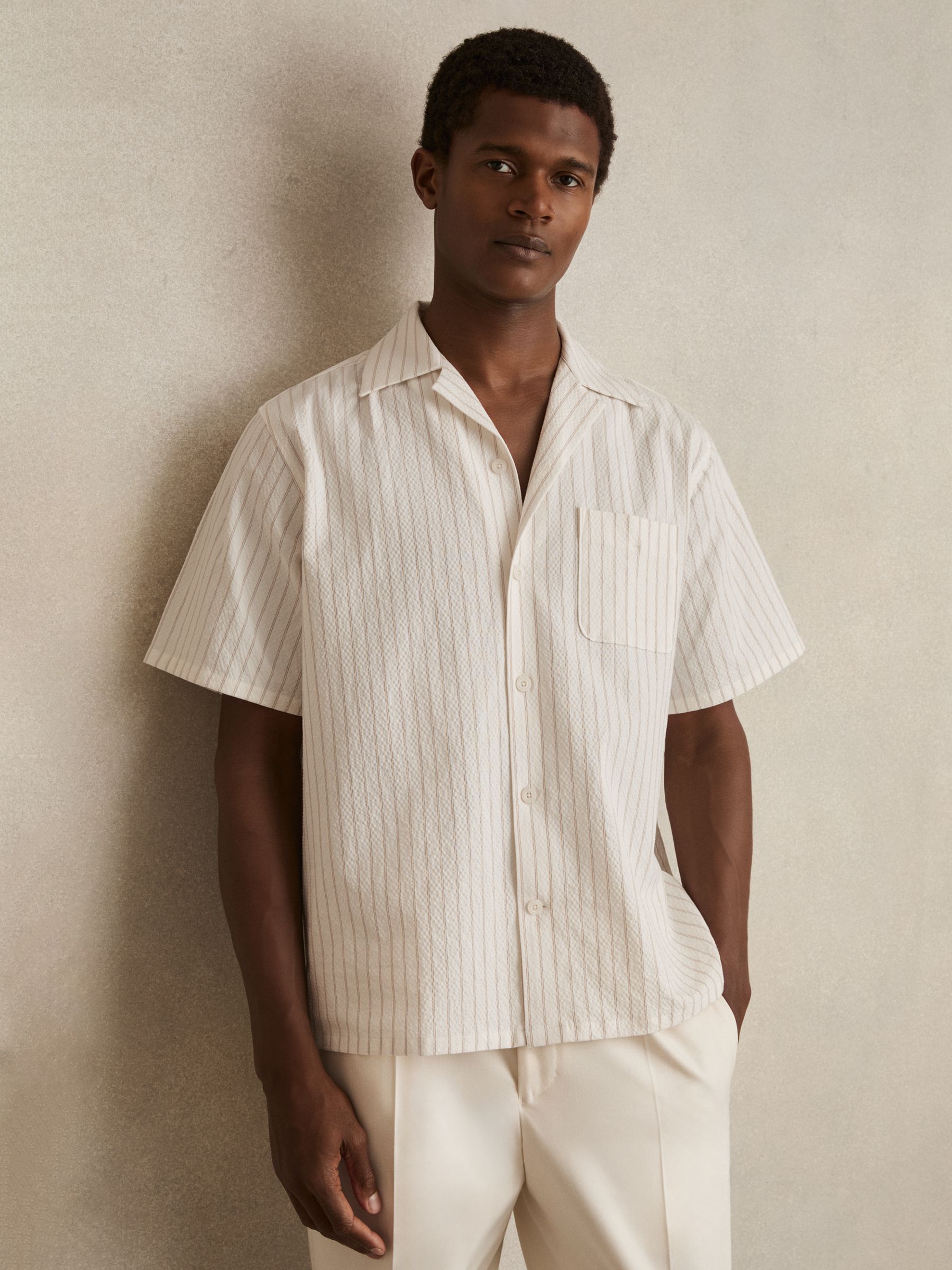 Cotton-Blend Seersucker Stripe Shirt in White/Taupe Brown - Image 1 of 6