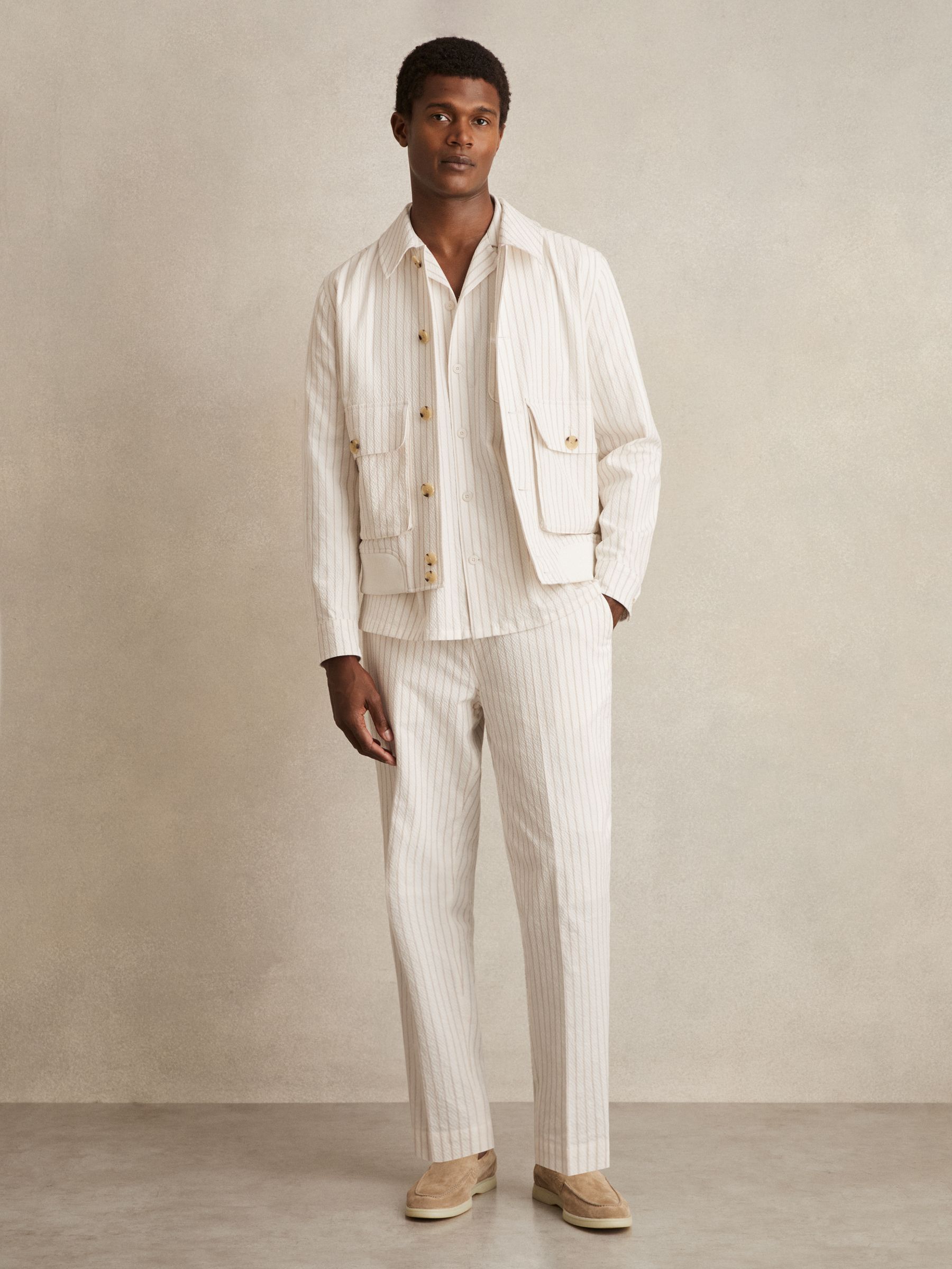 Cotton-Blend Seersucker Stripe Shirt in White/Taupe Brown - image 3