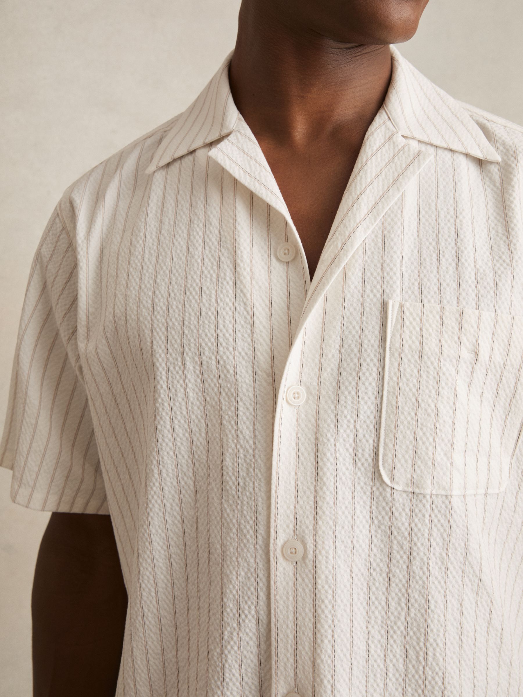Cotton-Blend Seersucker Stripe Shirt in White/Taupe Brown - image 4