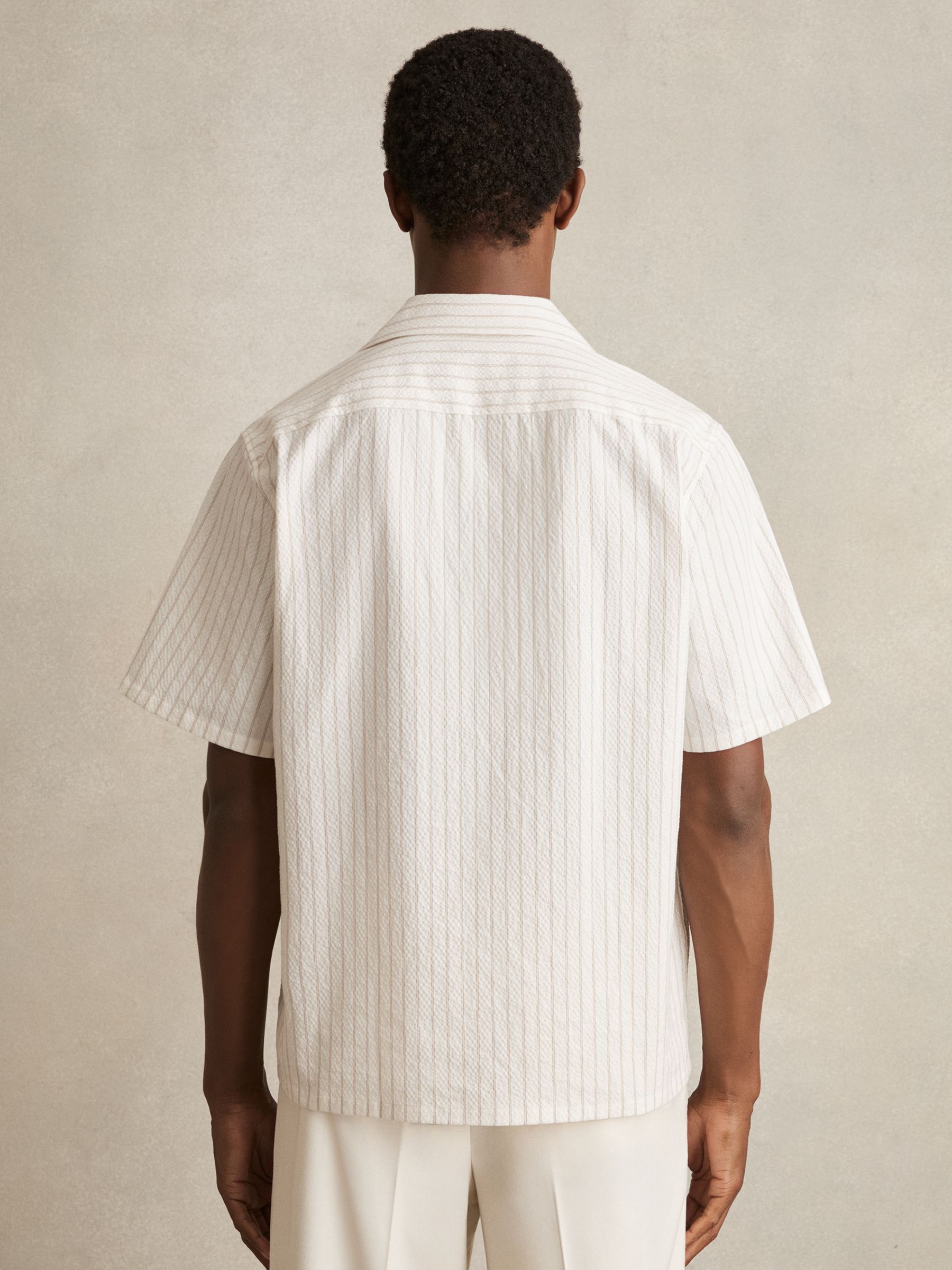 Cotton-Blend Seersucker Stripe Shirt in White/Taupe Brown - image 5