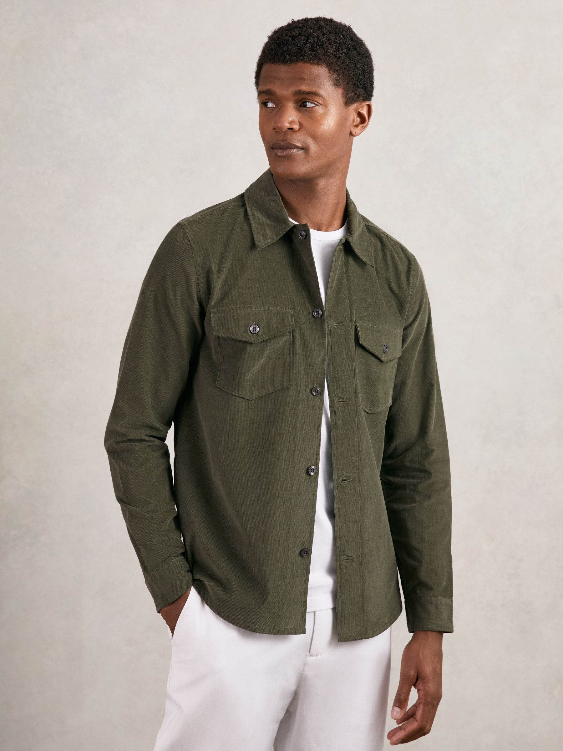 Cotton Corduroy Twin-Pocket Overshirt in Khaki Green - Image 1 of 7