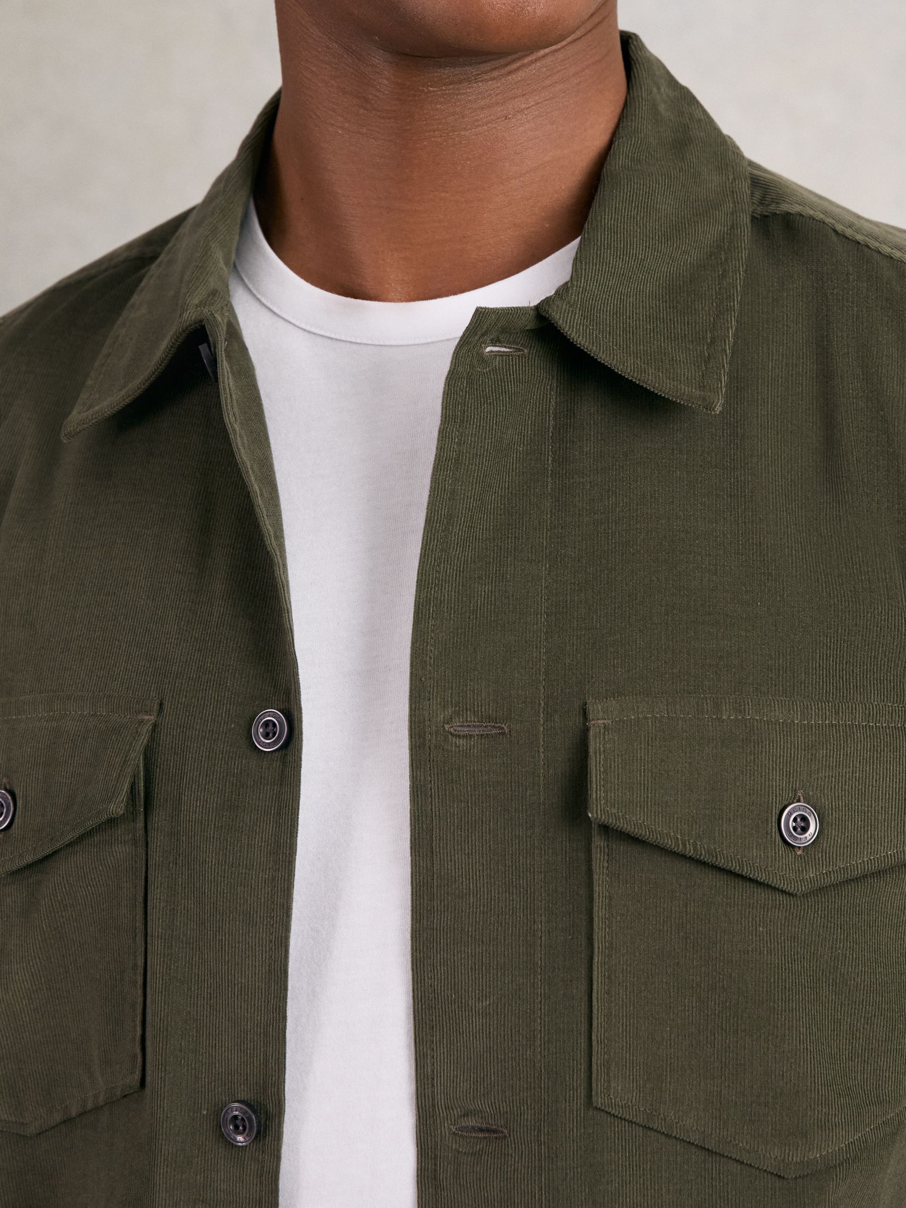 Cotton Corduroy Twin-Pocket Overshirt in Khaki Green - Image 2 of 7