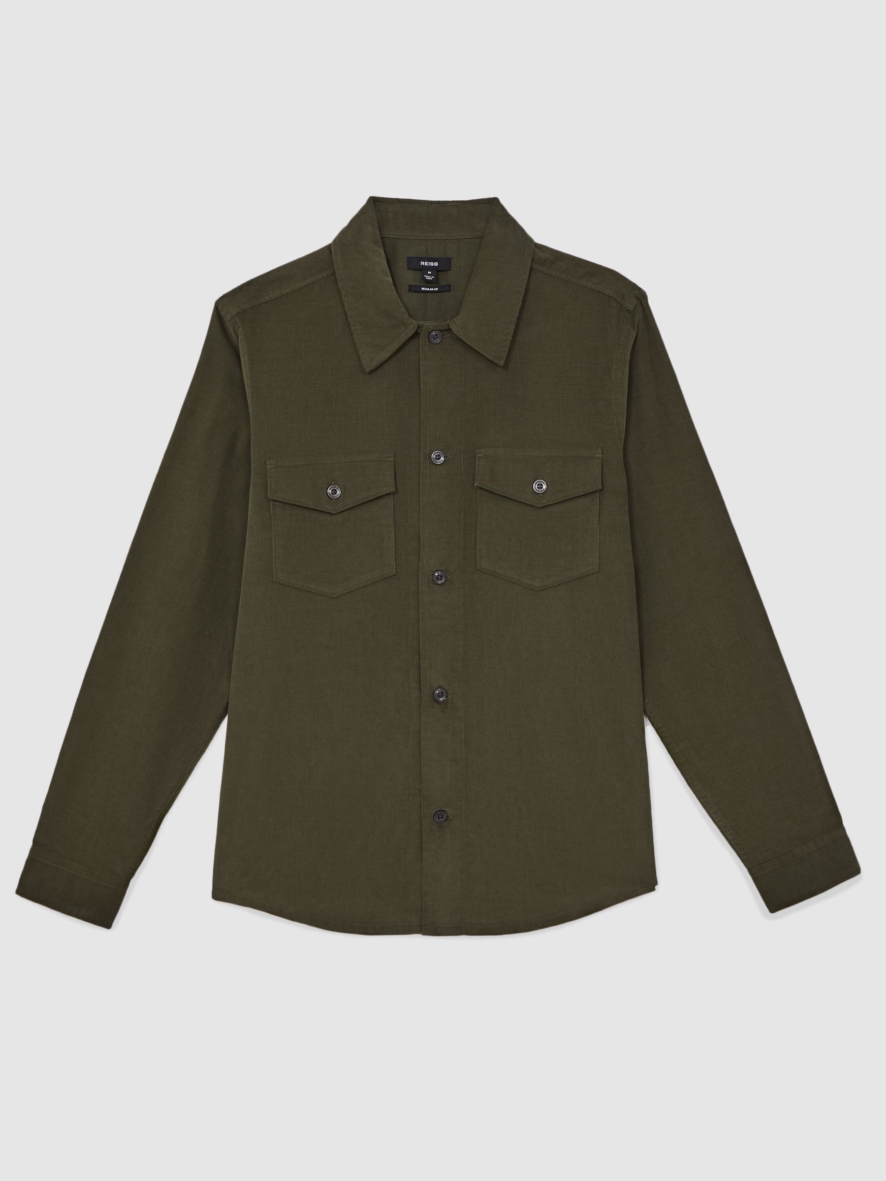 Cotton Corduroy Twin-Pocket Overshirt in Khaki Green - Image 3 of 7