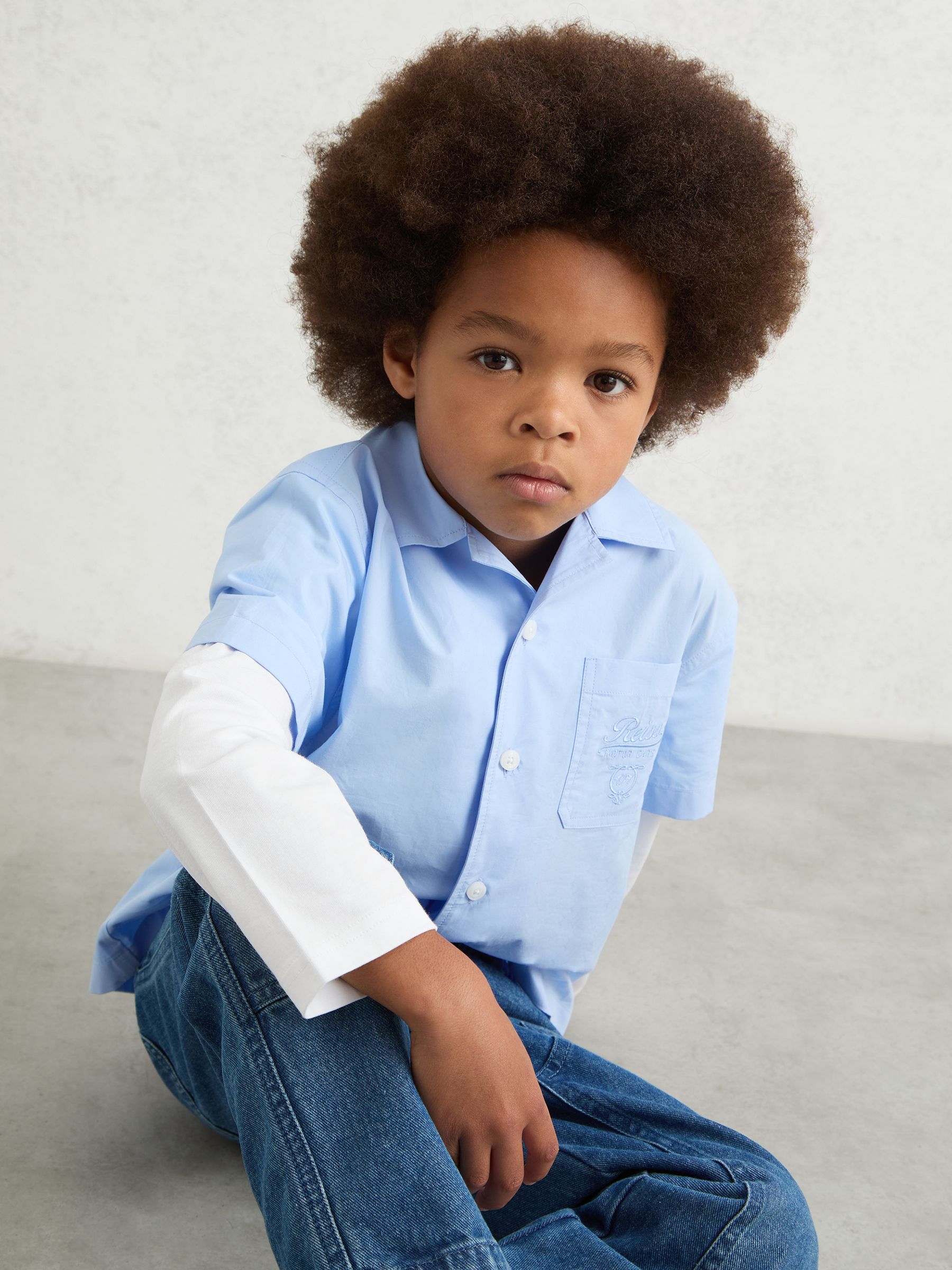 13-14 yrs Cotton Motor Cars Dual-Sleeve Shirt in Blue/White - Image 2 of 4