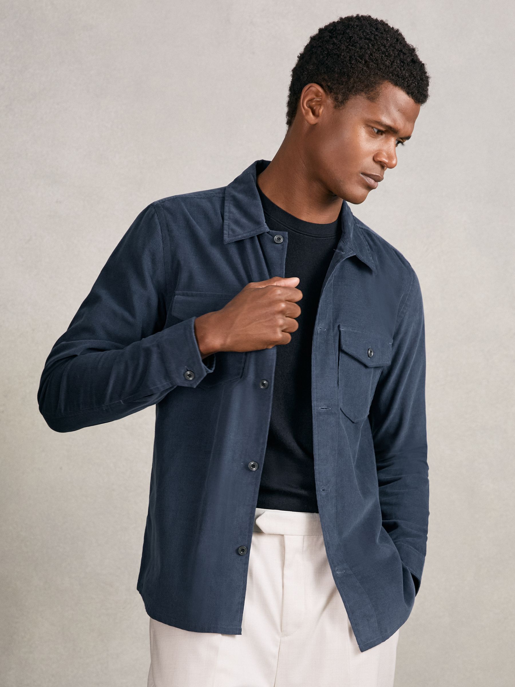 Cotton Corduroy Twin-Pocket Overshirt in Airforce Blue - Image 1 of 6