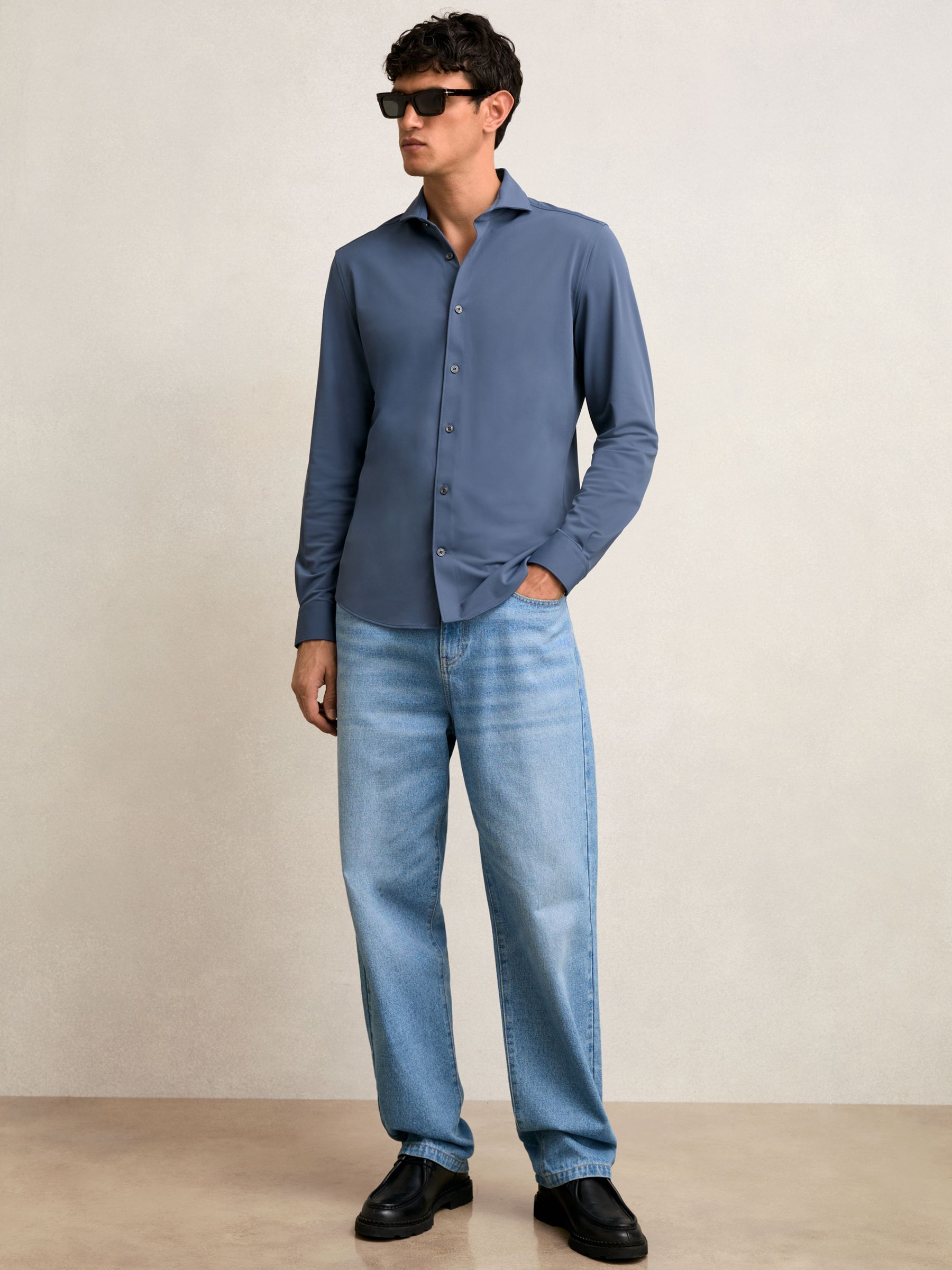 Stretch Jersey Cutaway-Collar Shirt in Dark Airforce Blue - image 4