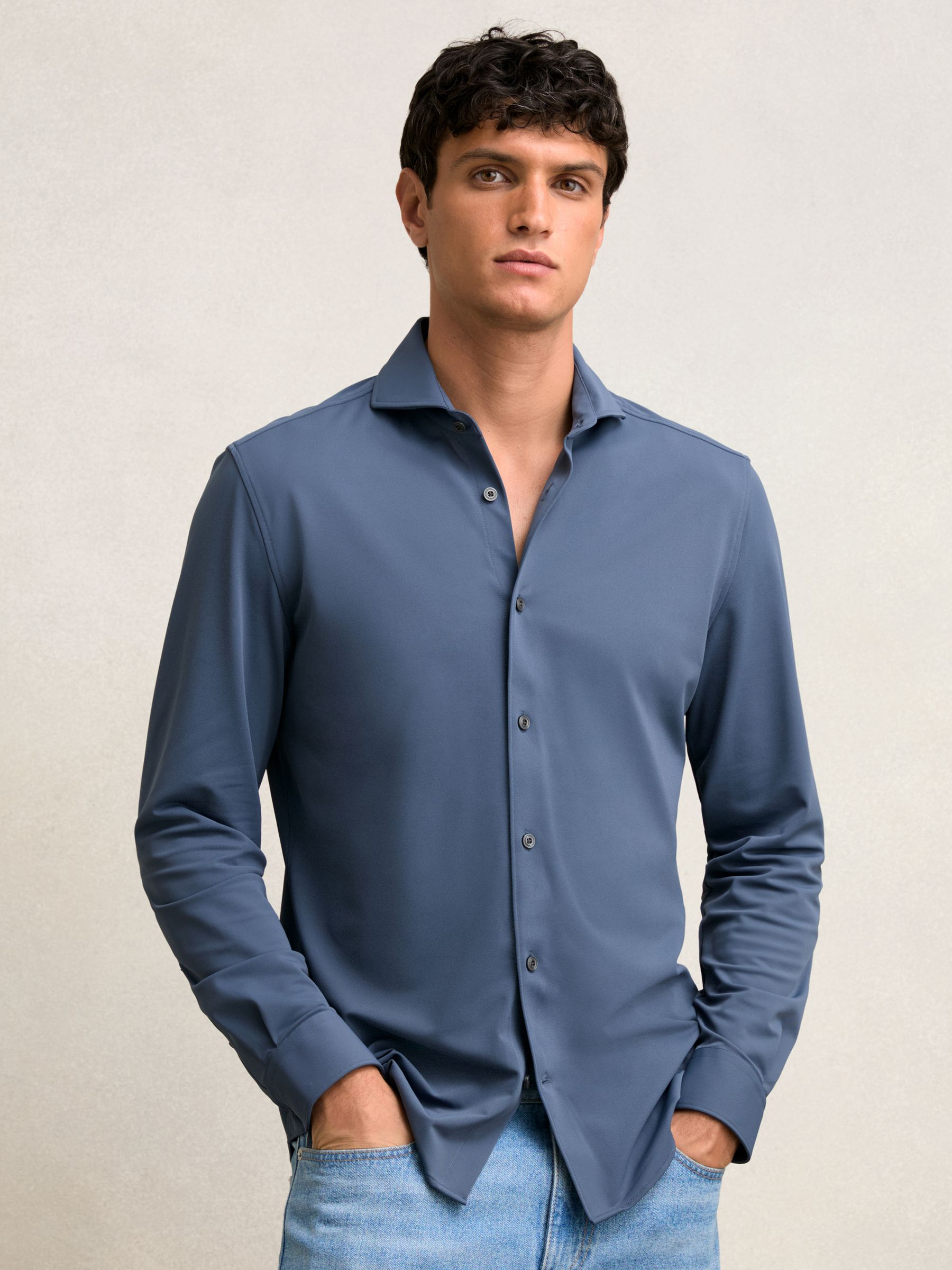 Stretch Jersey Cutaway-Collar Shirt in Dark Airforce Blue - image 3