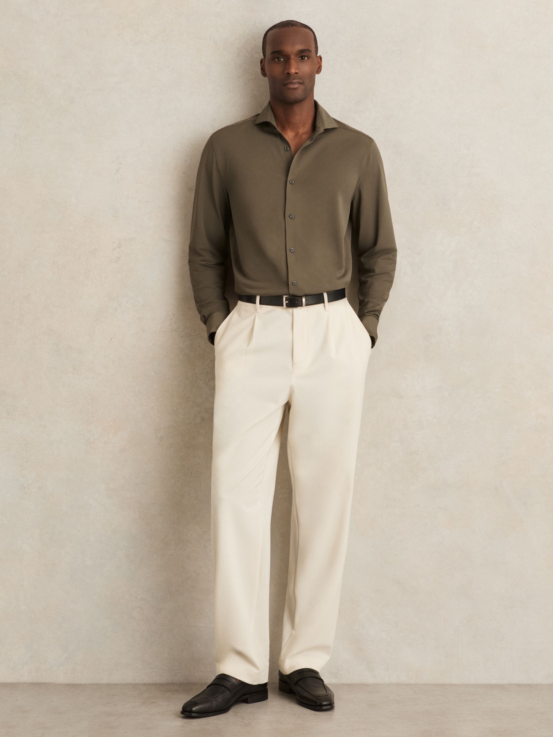 Stretch Jersey Cutaway-Collar Shirt in Olive Green - image 3