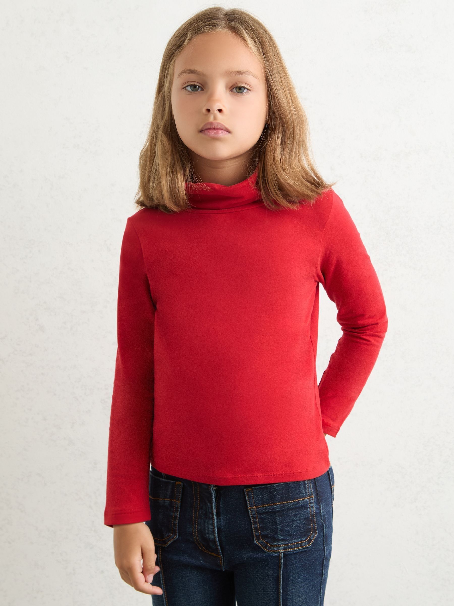 3-9 yrs Cotton-Jersey Roll-Neck Top with Stretch in Red - Image 3 of 4