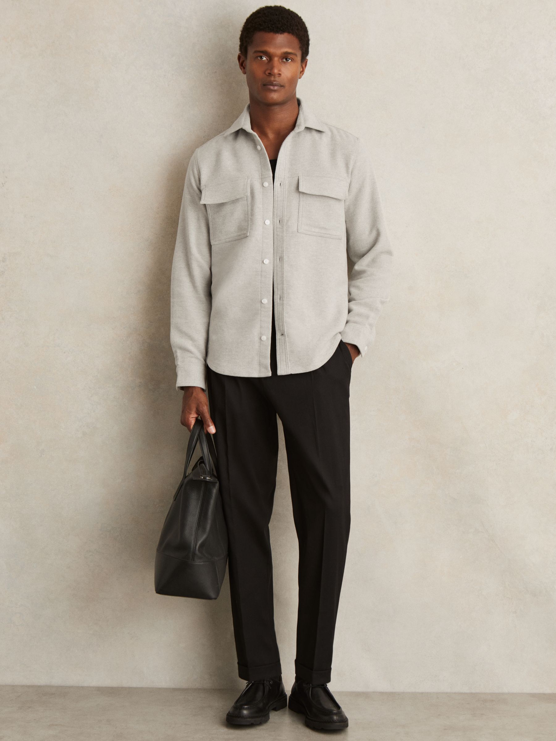 Reiss Moleskin-Cotton Twin-Pocket Overshirt in Soft Grey Melange