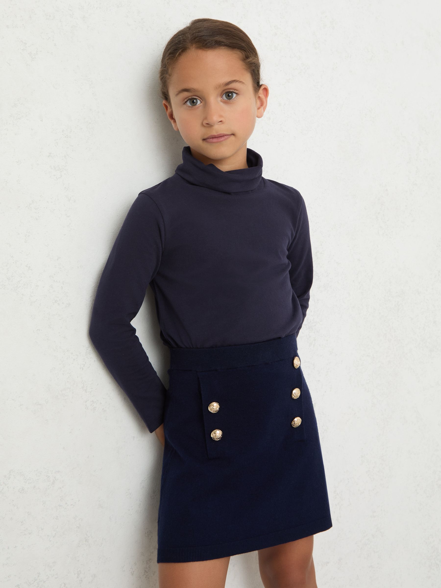 9-13 yrs Cotton-Jersey Roll-Neck Top with Stretch in Navy - Image 3 of 4
