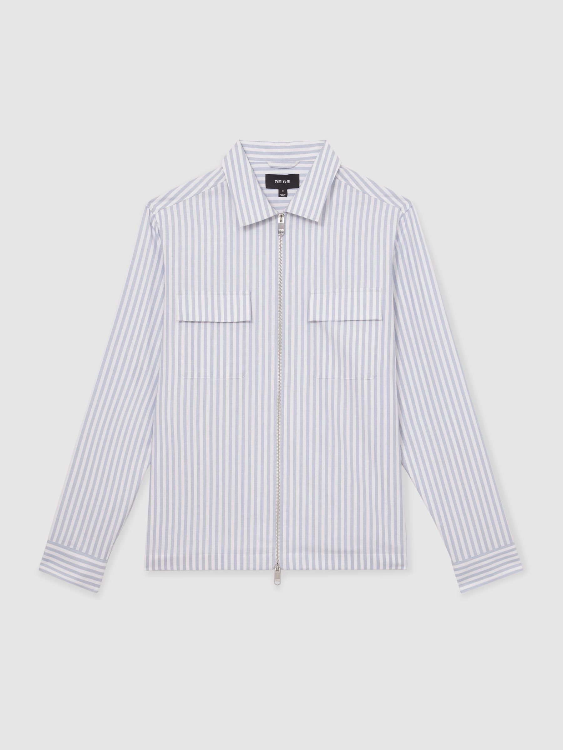 Cotton Stripe Zip-Through Shirt in White/Soft Blue - Image 2 of 7