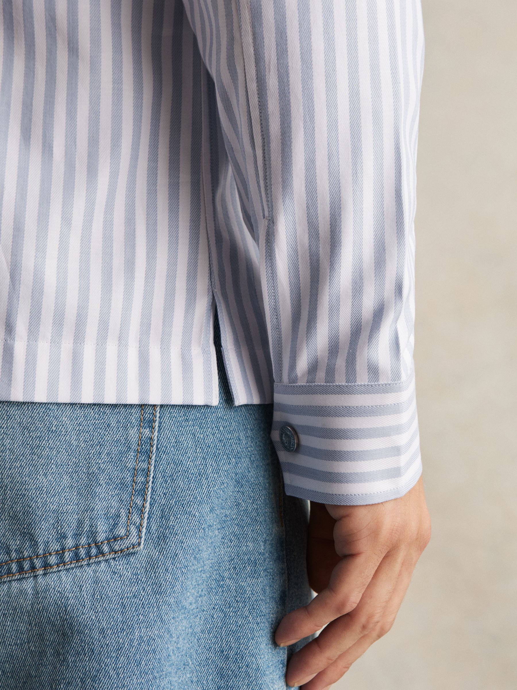 Cotton Stripe Zip-Through Shirt in White/Soft Blue - Image 4 of 7