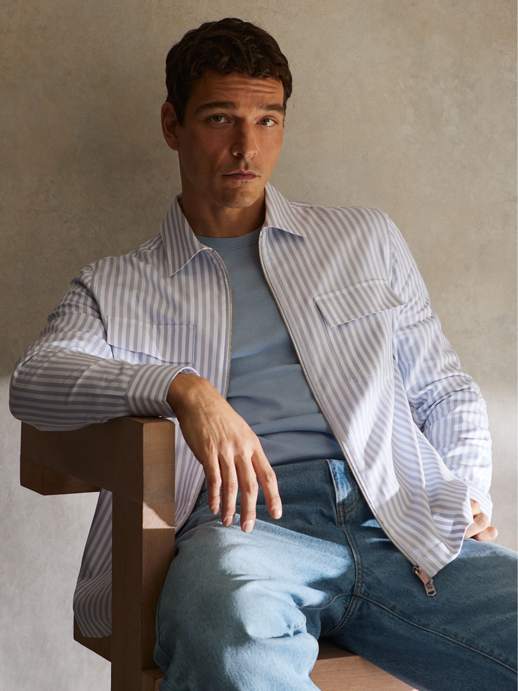 Cotton Stripe Zip-Through Shirt in White/Soft Blue - Image 6 of 7