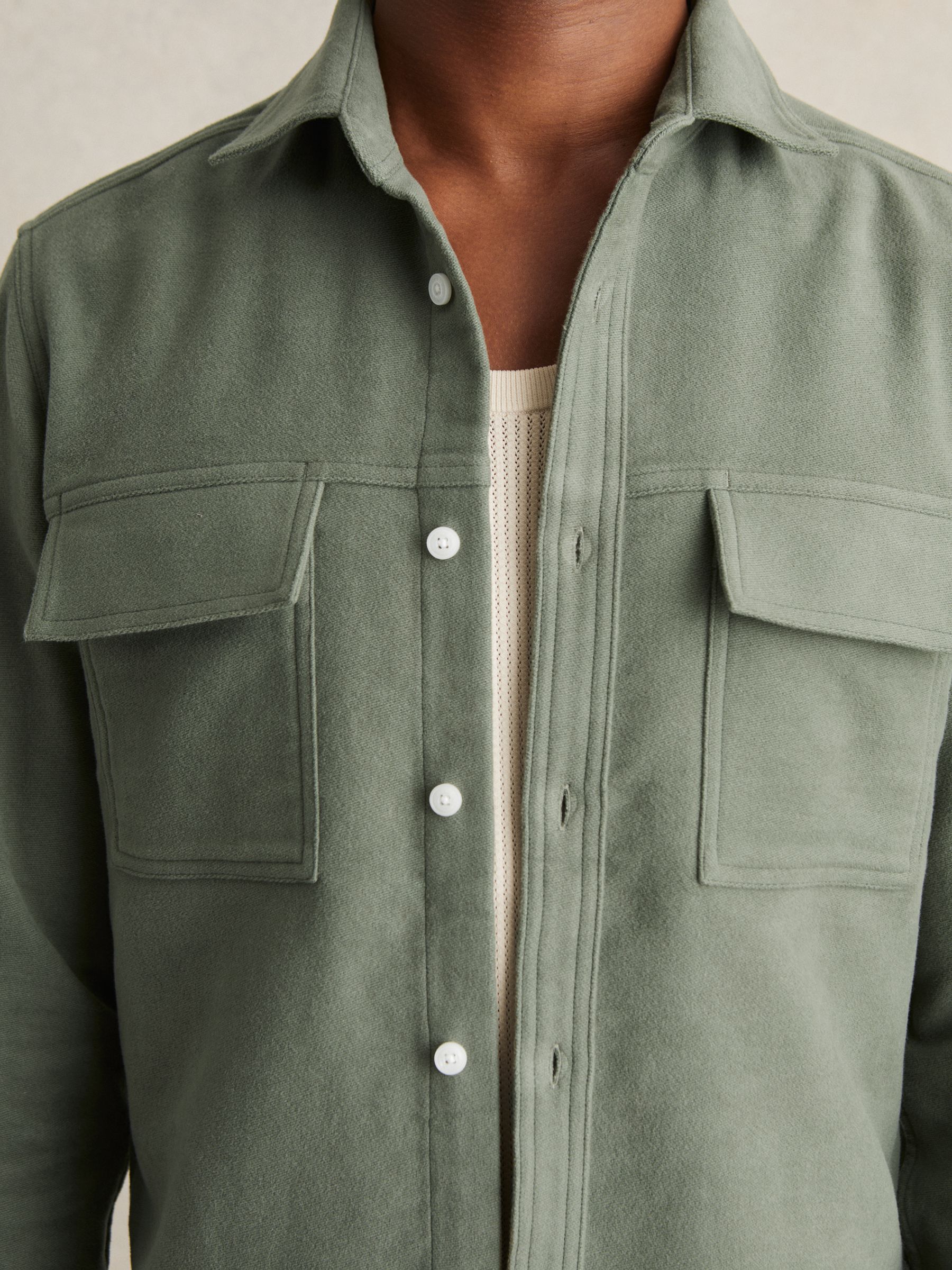 Moleskin-Cotton Twin-Pocket Overshirt in Green - Image 3 of 6