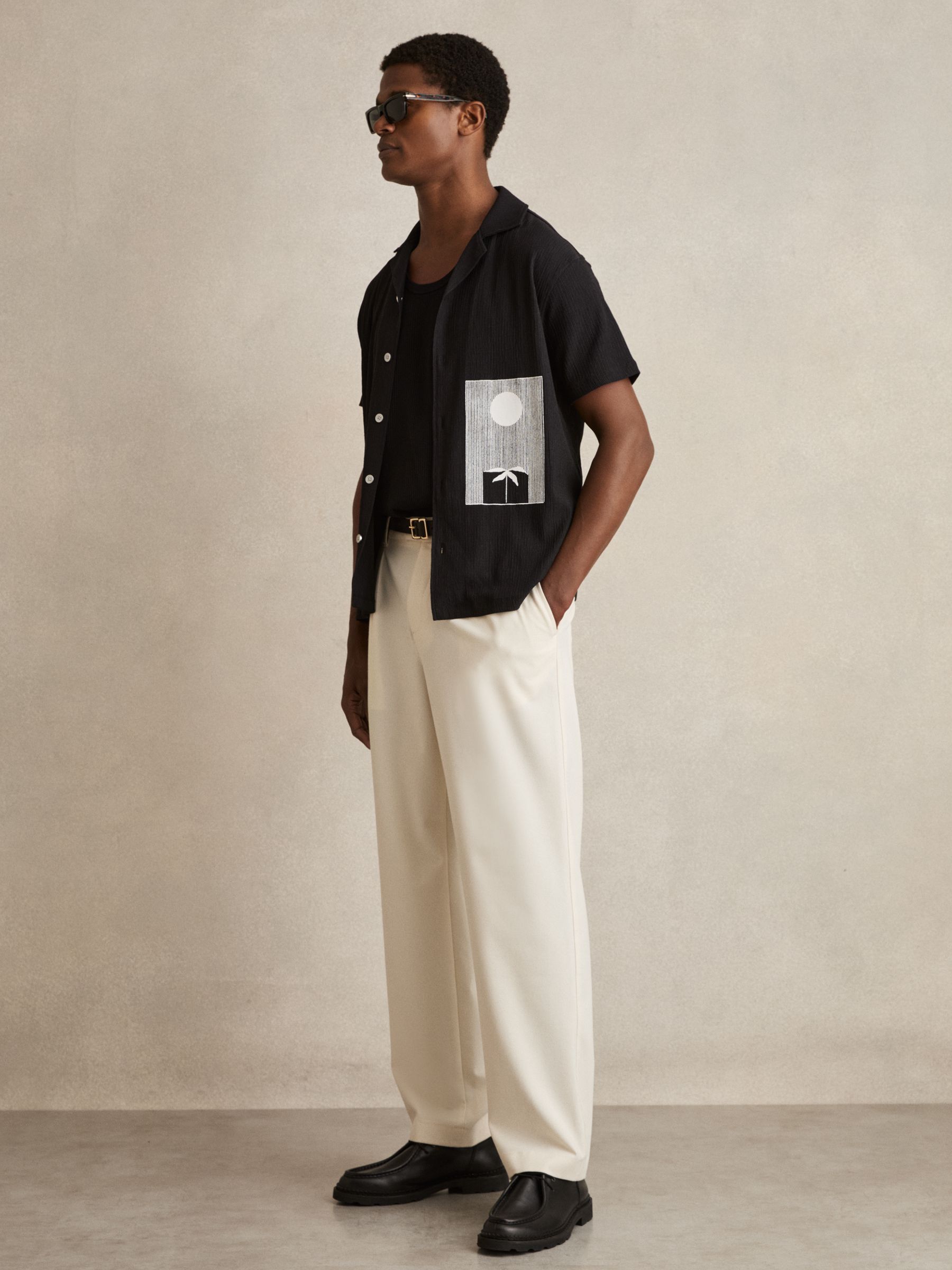 Graphic Print Cuban-Collar Shirt in Black - Image 1 of 6