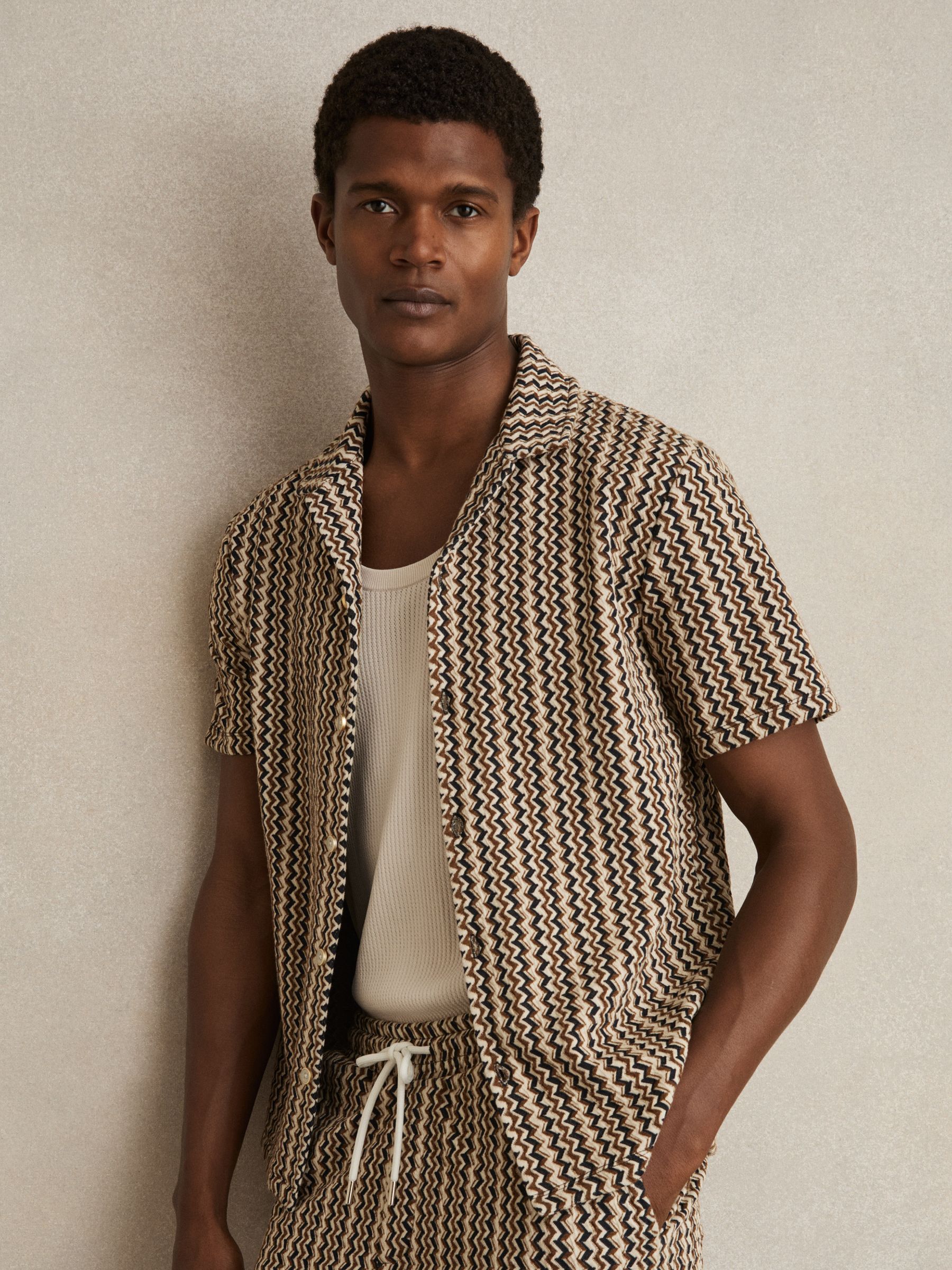 Zig-Zag Knit Cuban-Collar Shirt in Tobacco Brown - Image 1 of 6