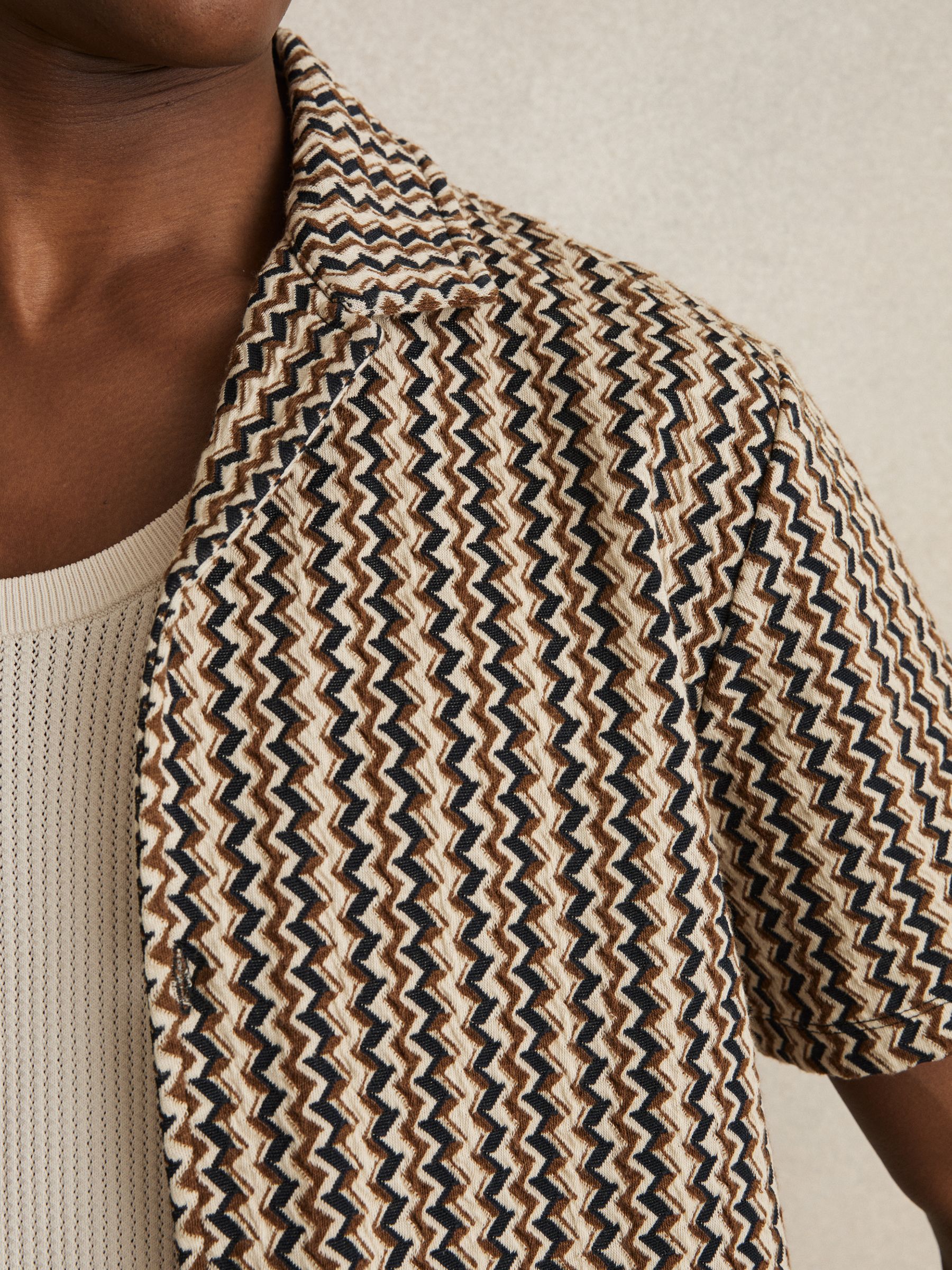 Zig-Zag Knit Cuban-Collar Shirt in Tobacco Brown - Image 4 of 6