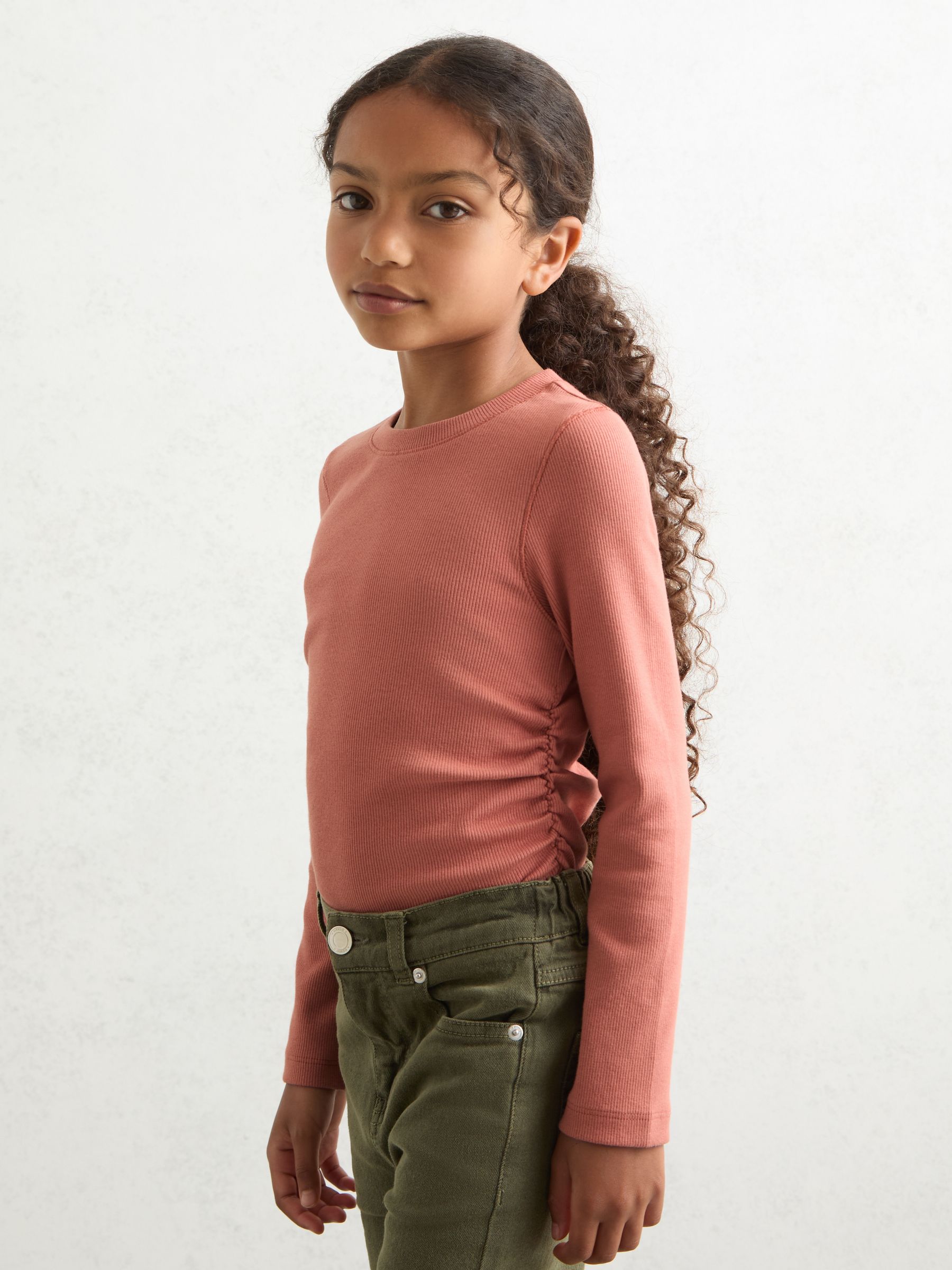 4-9 yrs Cotton Ruched Long-Sleeve T-Shirt with Stretch in Rose - Image 1 of 4