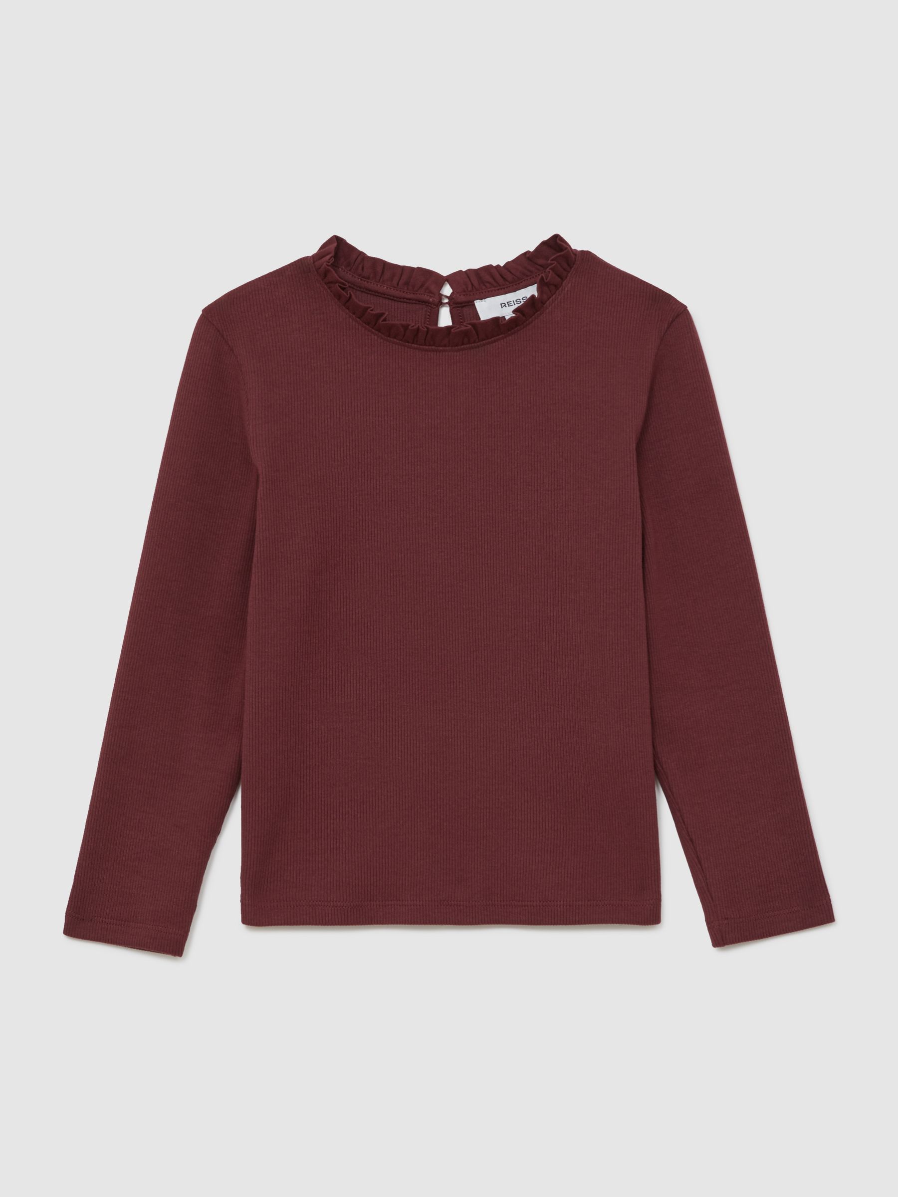9-13 yrs Stretch-Cotton Ruffle-Neck Top in Burgundy - Image 2 of 5