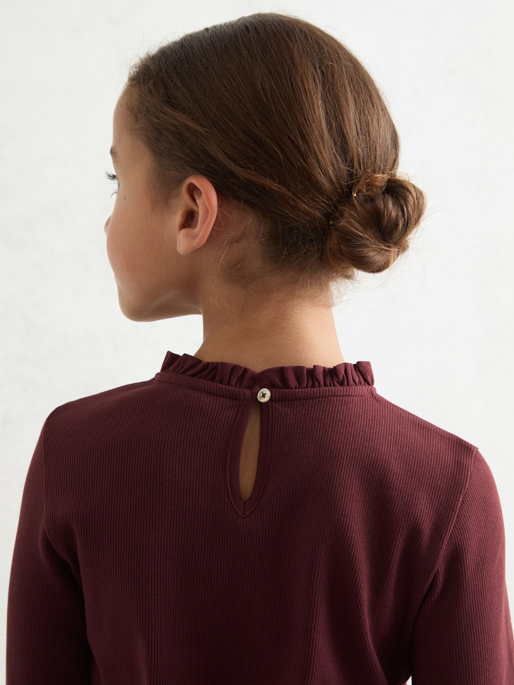 9-13 yrs Stretch-Cotton Ruffle-Neck Top in Burgundy - Image 3 of 5