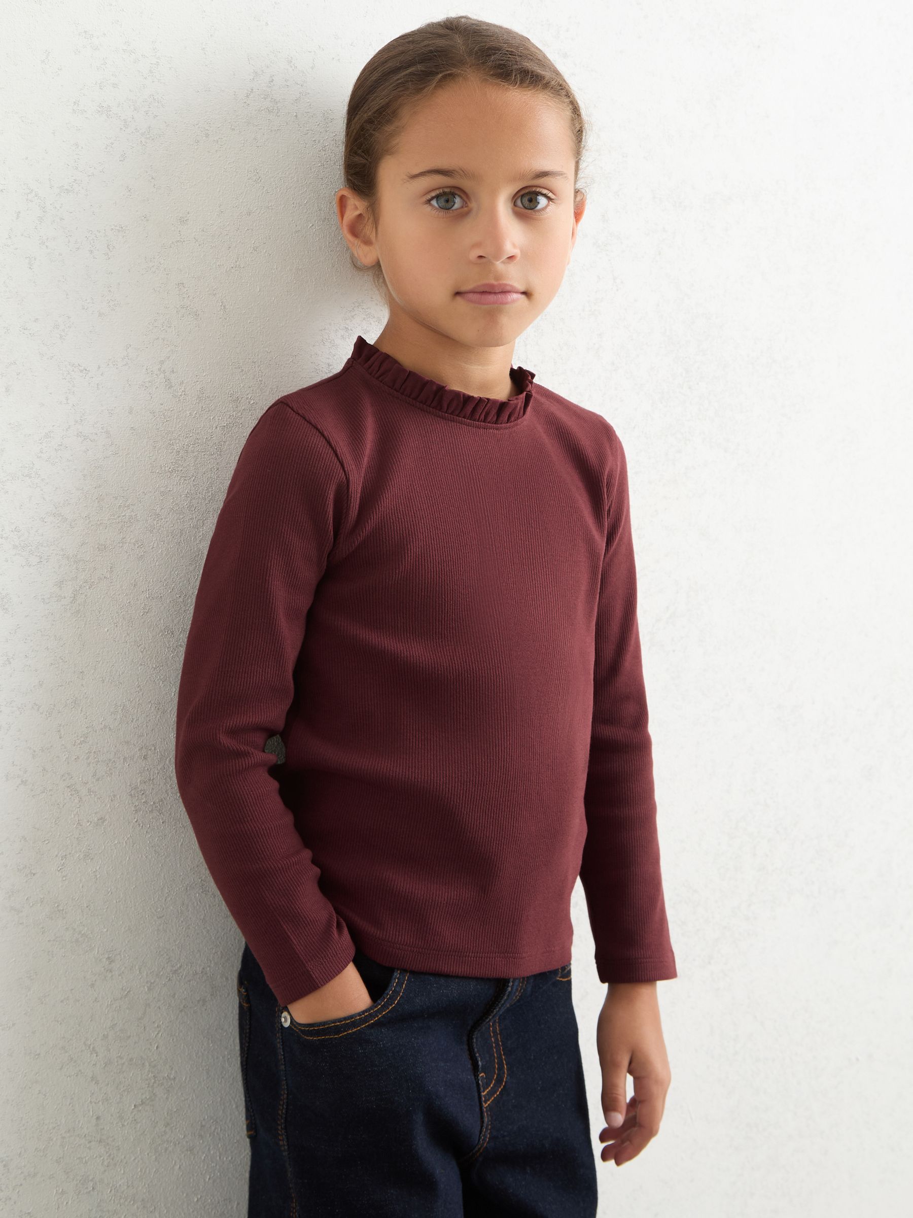 9-13 yrs Stretch-Cotton Ruffle-Neck Top in Burgundy - Image 4 of 5