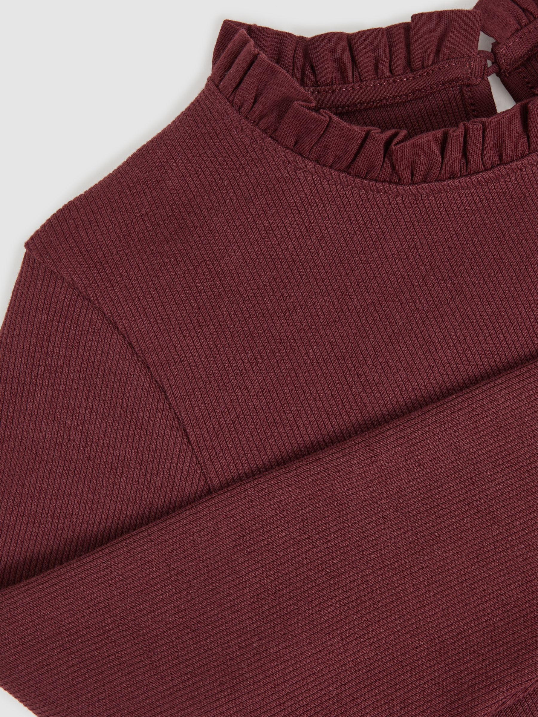 9-13 yrs Stretch-Cotton Ruffle-Neck Top in Burgundy - Image 5 of 5