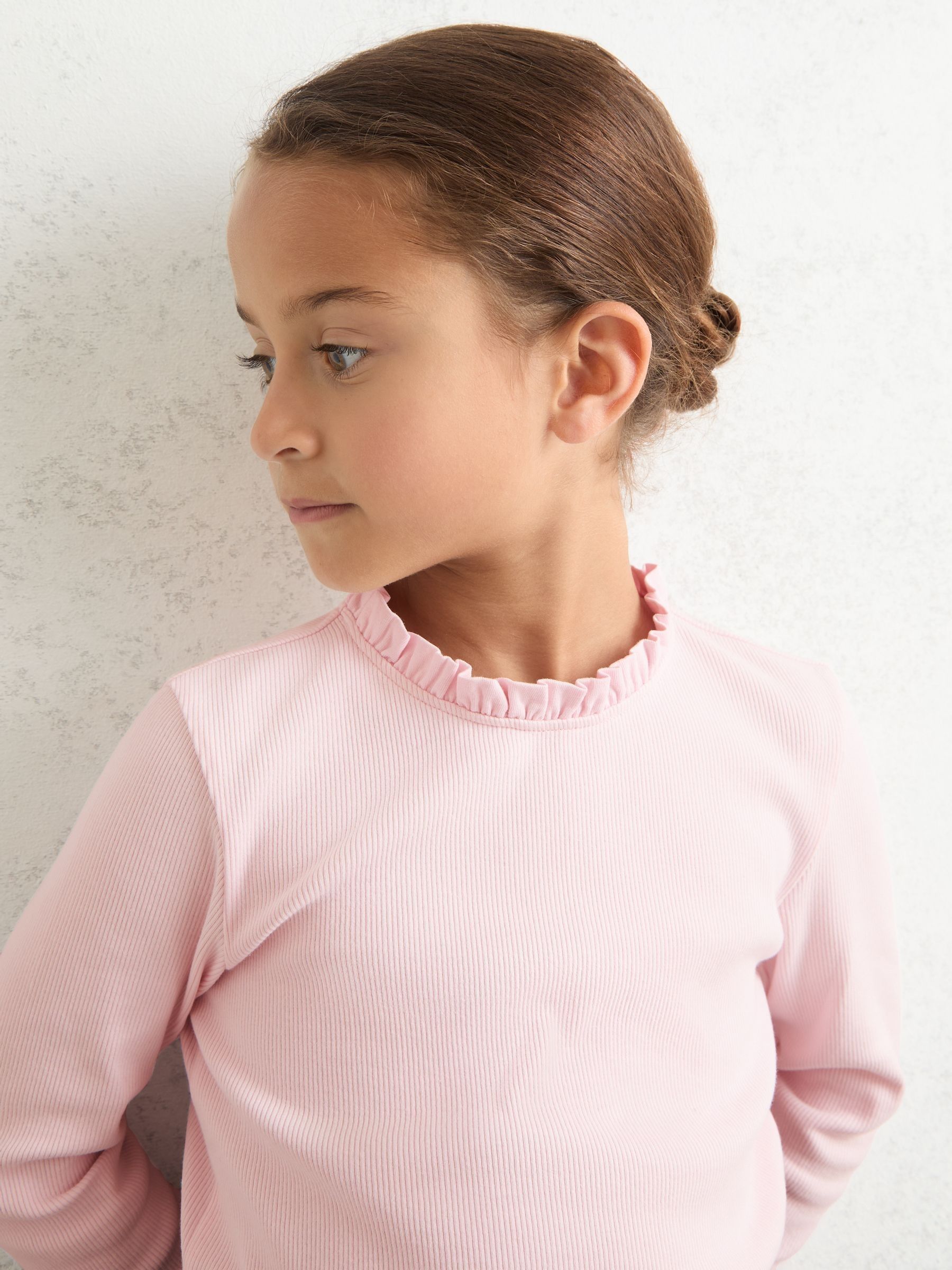 9-13 yrs Stretch-Cotton Ruffle-Neck Top in Pink - Image 1 of 4