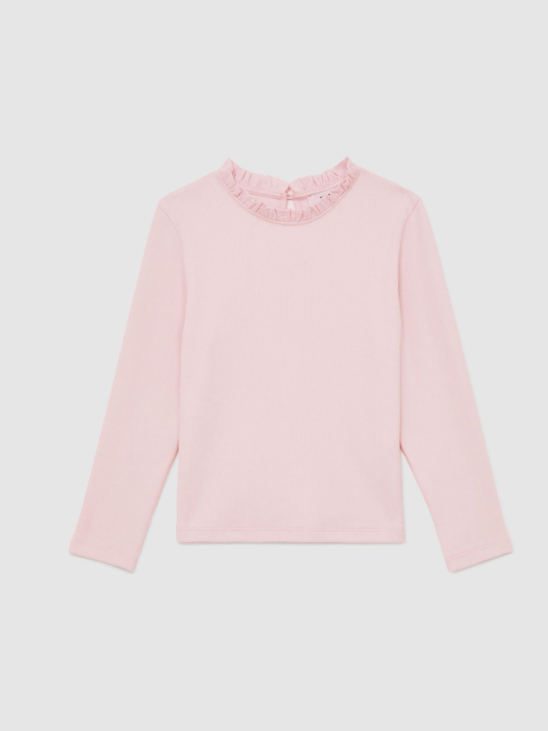 9-13 yrs Stretch-Cotton Ruffle-Neck Top in Pink - Image 2 of 4