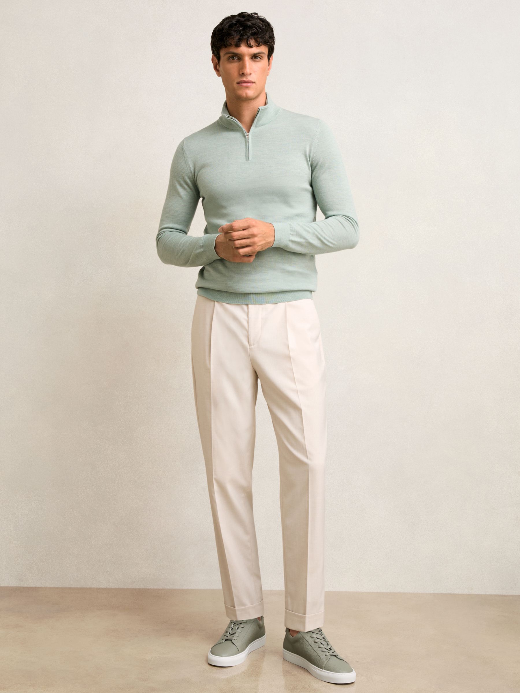 Merino Wool Half-Zip Funnel Neck Jumper in Sage Green Melange - Image 1 of 6