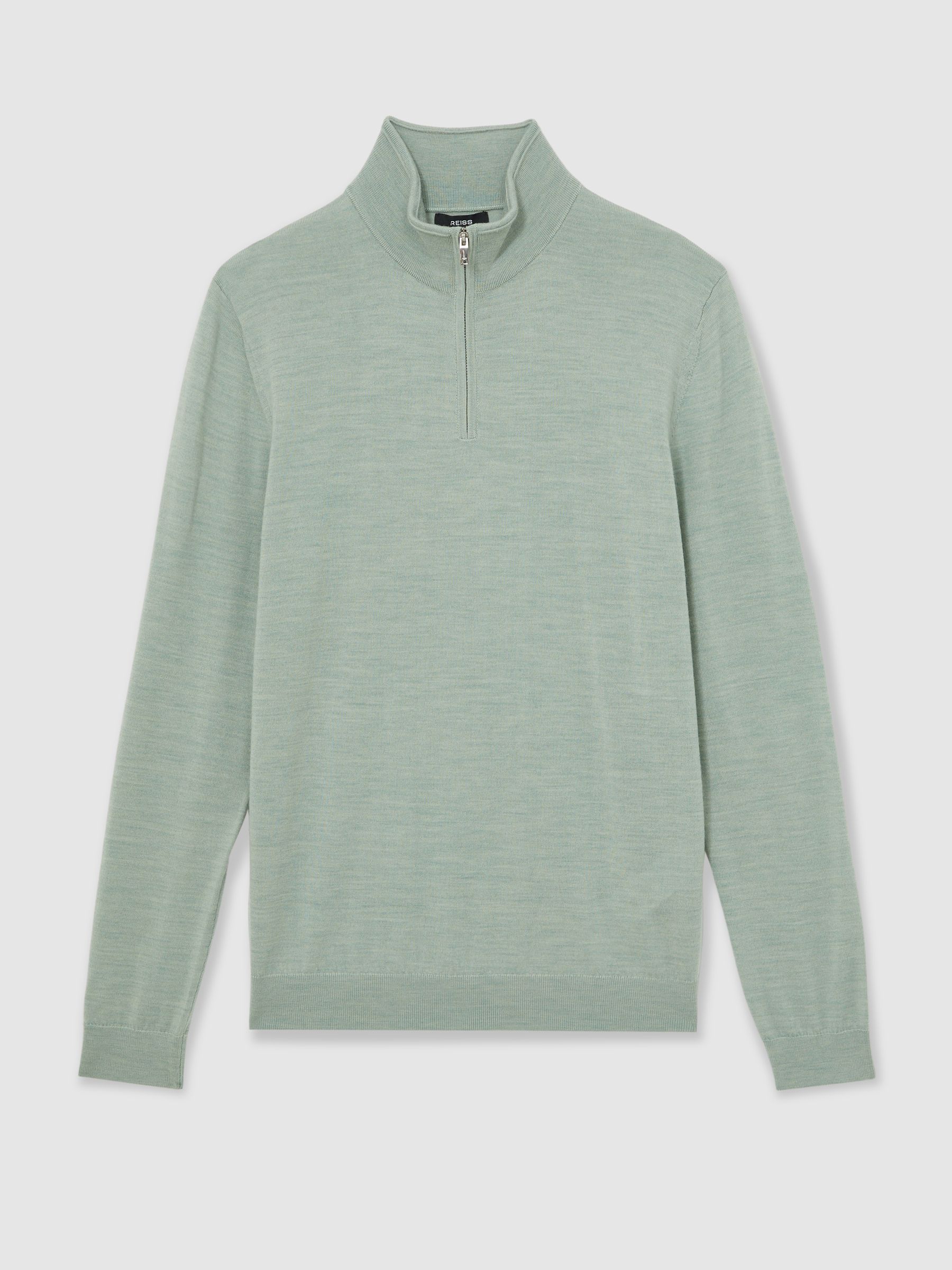 Merino Wool Half-Zip Funnel Neck Jumper in Sage Green Melange - Image 2 of 6