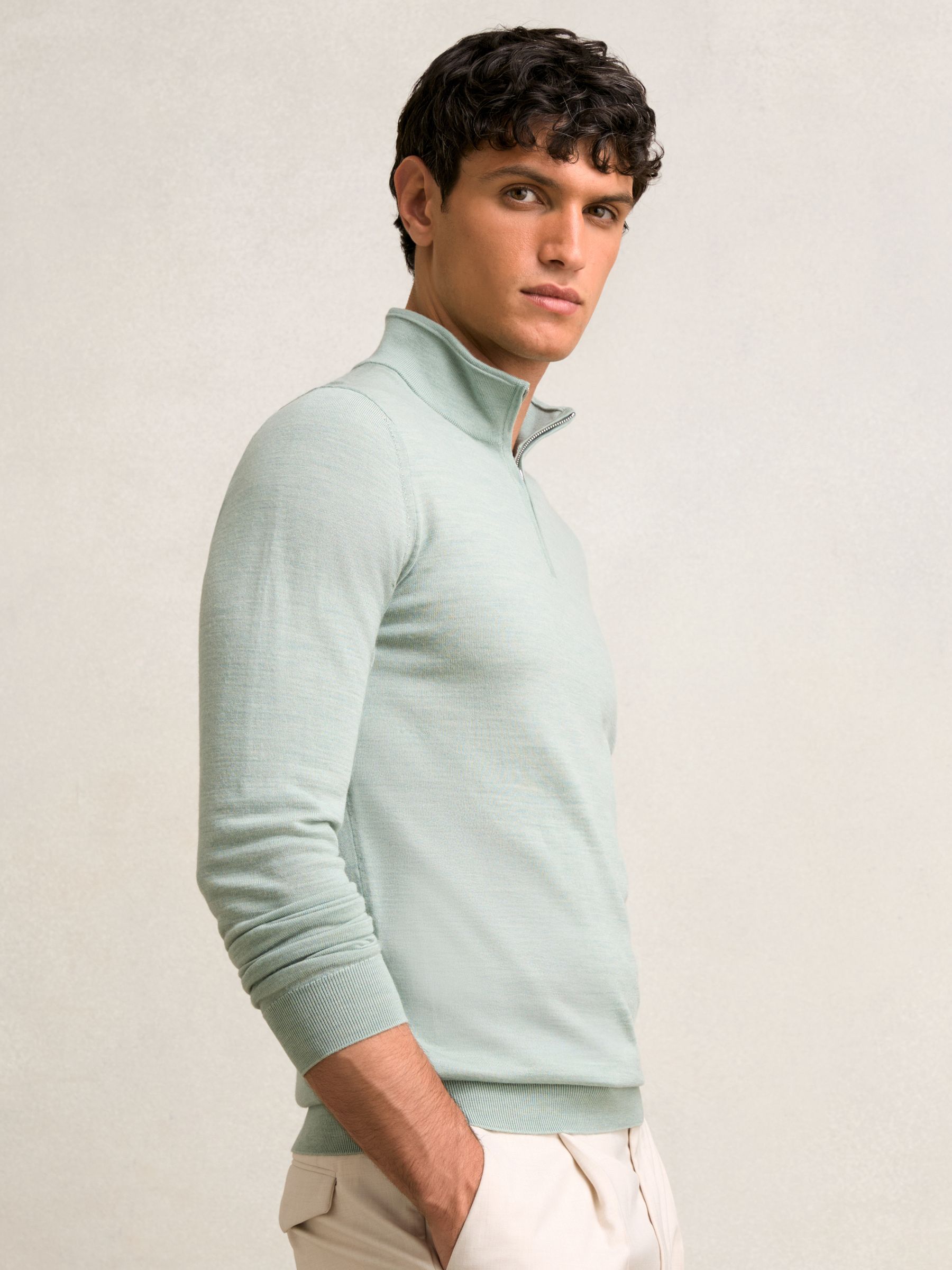 Merino Wool Half-Zip Funnel Neck Jumper in Sage Green Melange - Image 3 of 6