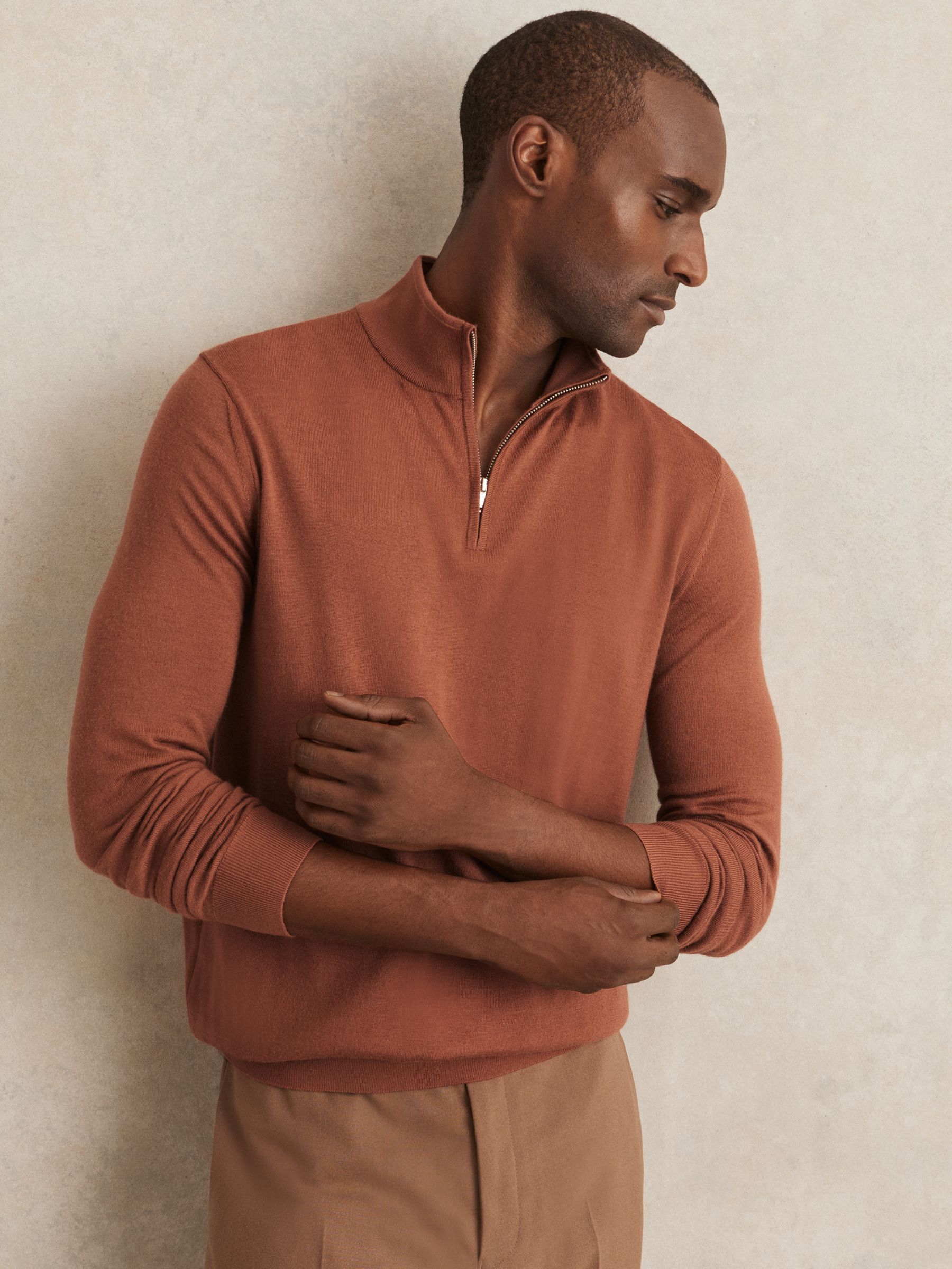 Merino Wool Half-Zip Funnel Neck Jumper in Cinnamon Brown - Image 1 of 6 Merino Wool Half-Zip Funnel Neck Jumper in Cinnamon Brown - Image 1 of 6