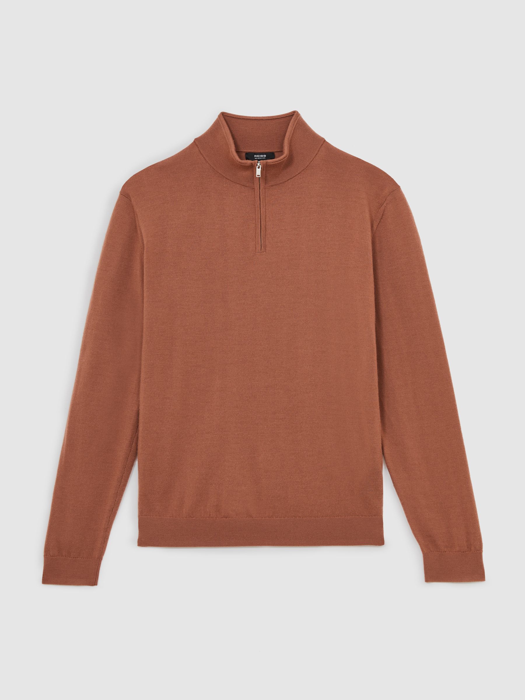 Merino Wool Half-Zip Funnel Neck Jumper in Cinnamon Brown - Image 2 of 6