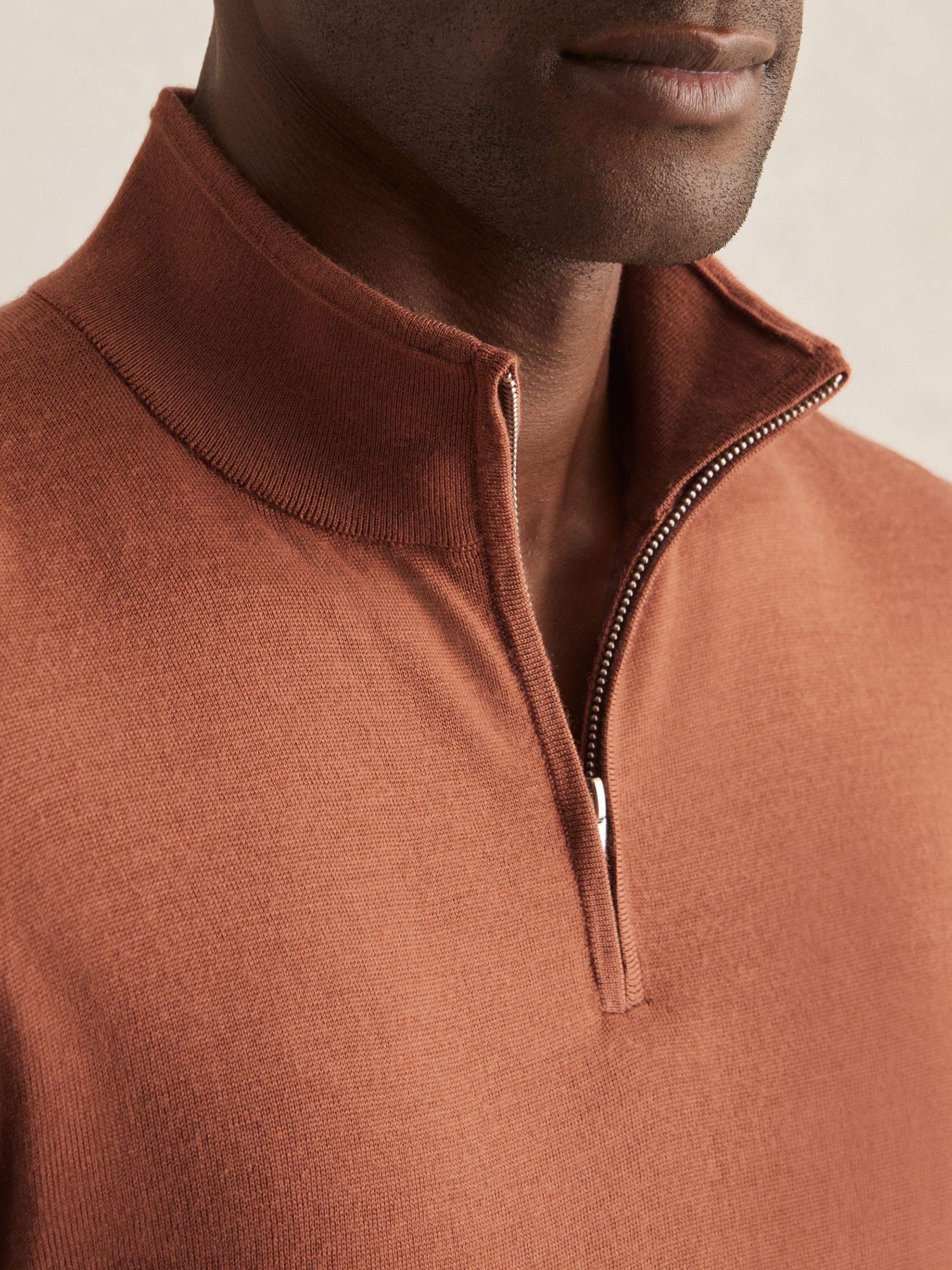 Merino Wool Half-Zip Funnel Neck Jumper in Cinnamon Brown - Image 3 of 6