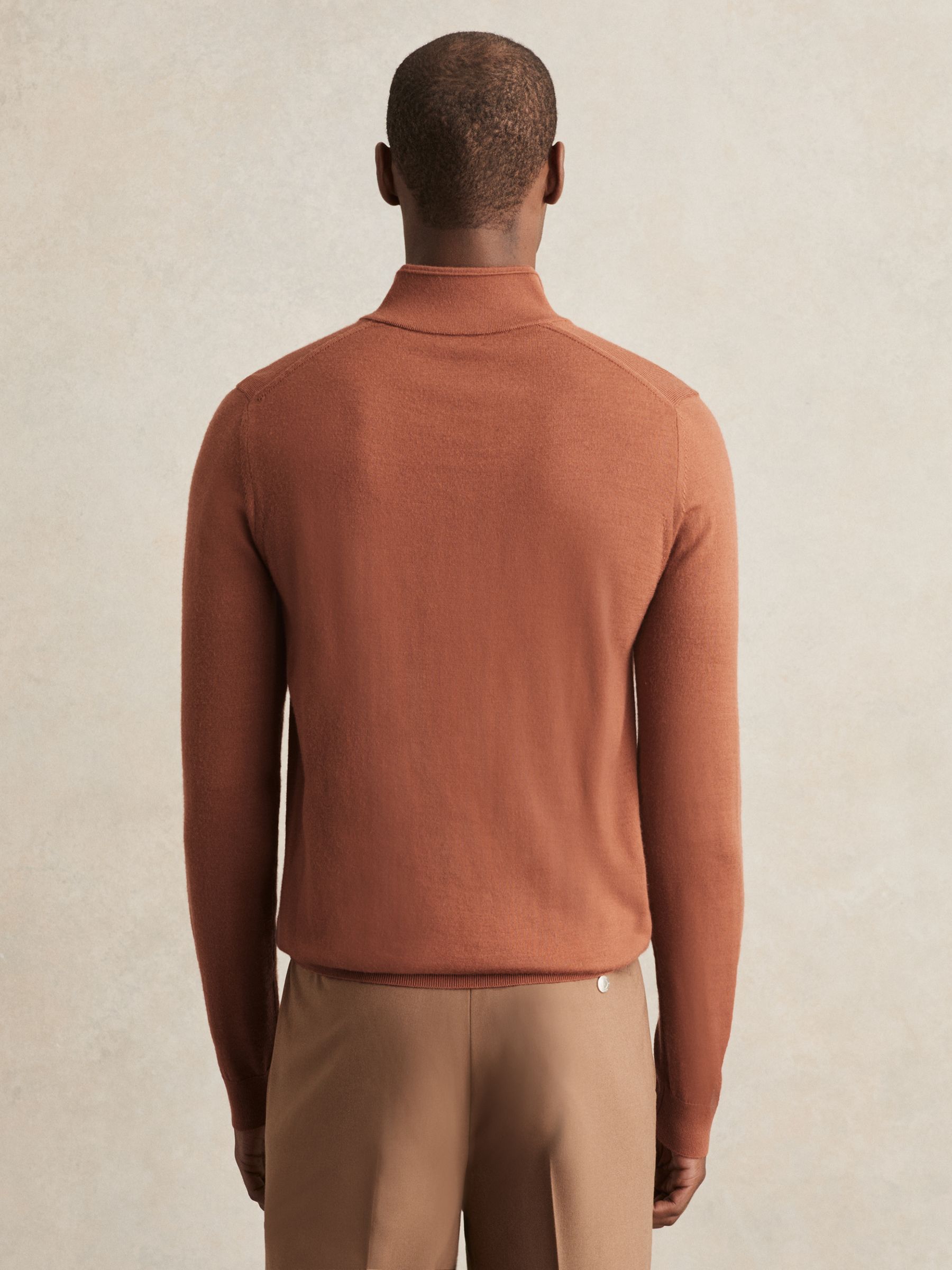 Merino Wool Half-Zip Funnel Neck Jumper in Cinnamon Brown - Image 4 of 6