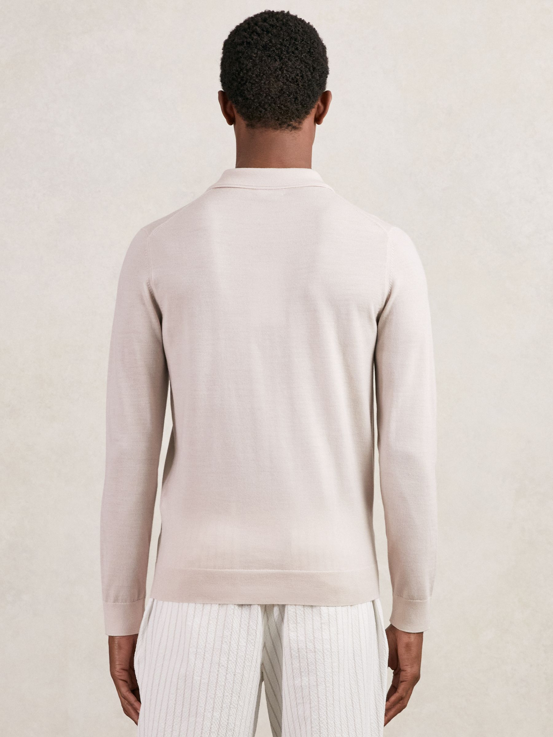 Merino Wool Long-Sleeve Polo Shirt in Beige - Image 4 of 5