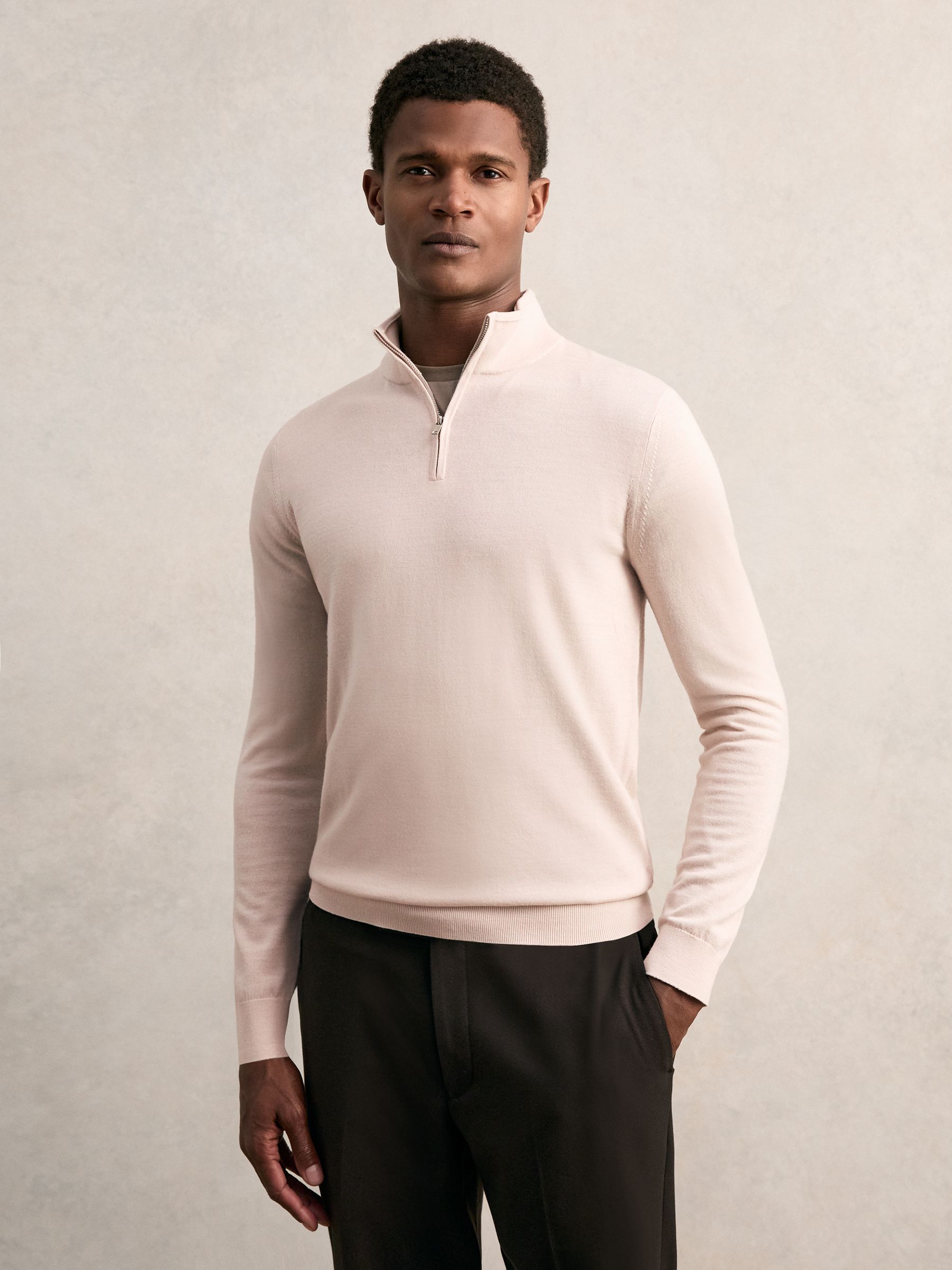 Merino Wool Half-Zip Funnel Neck Jumper in Beige - Image 1 of 7