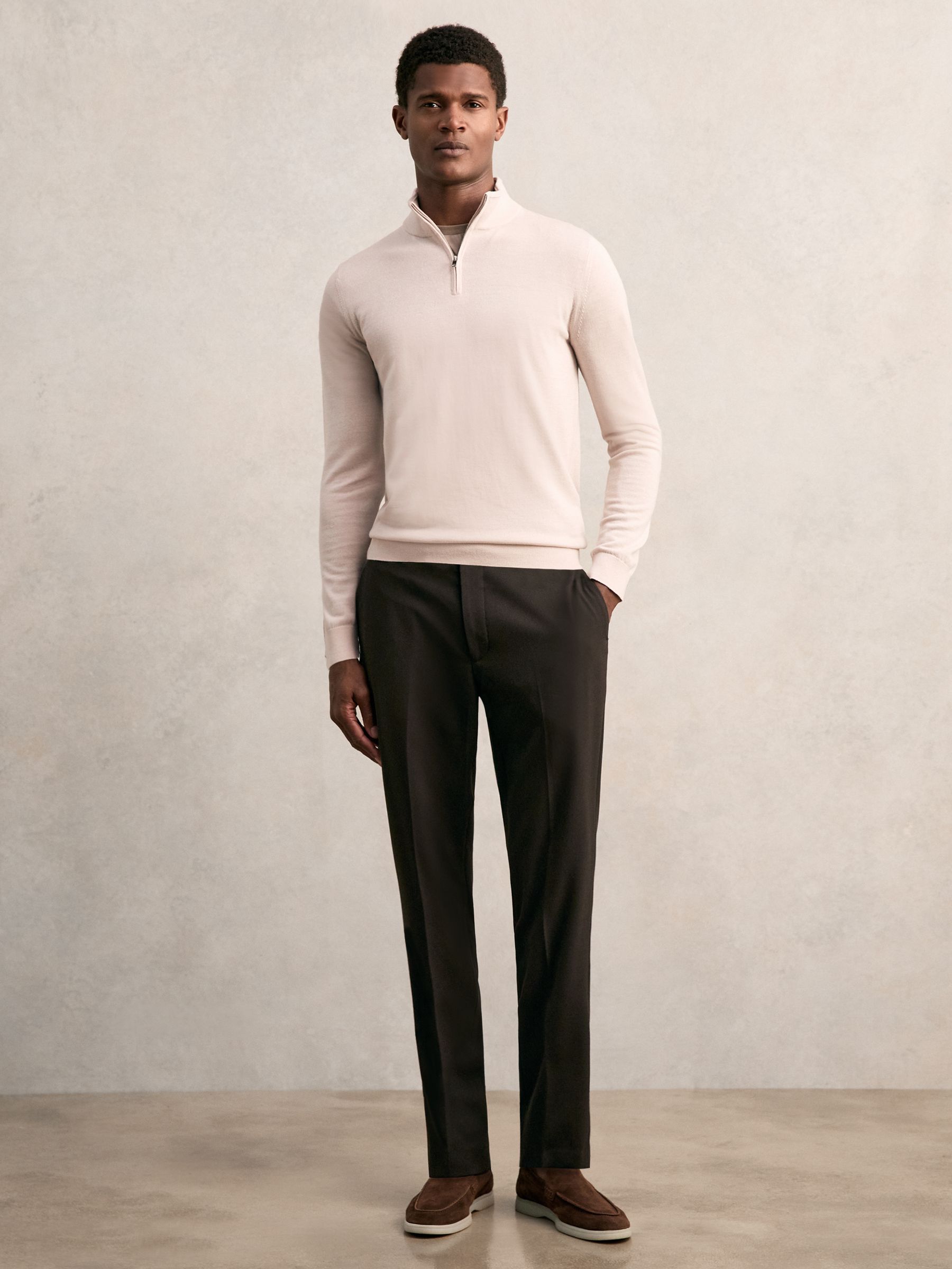 Merino Wool Half-Zip Funnel Neck Jumper in Beige - Image 3 of 7