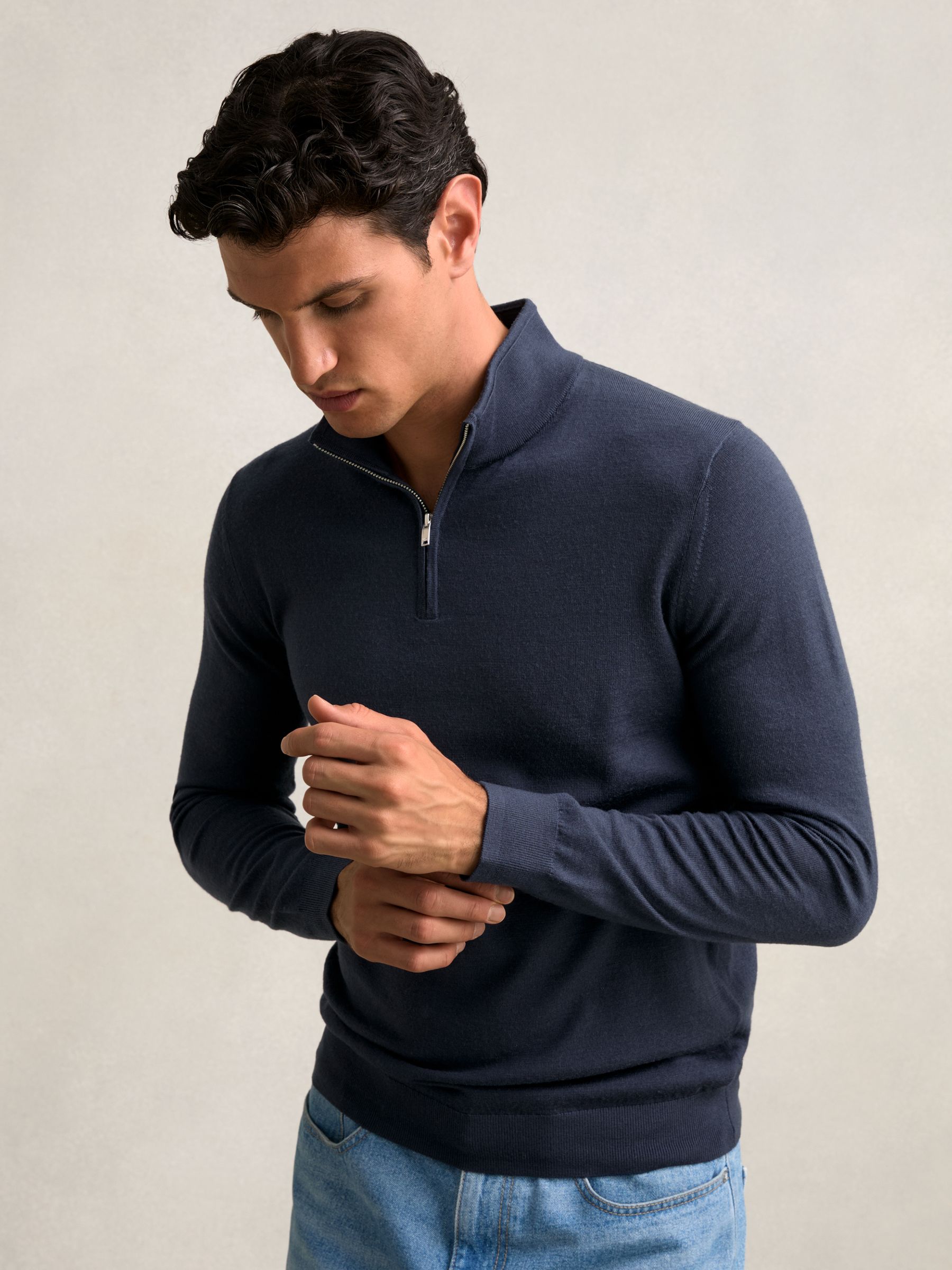 Merino Wool Half-Zip Funnel Neck Jumper in Midnight Navy - Image 1 of 5 Merino Wool Half-Zip Funnel Neck Jumper in Midnight Navy - Image 1 of 5