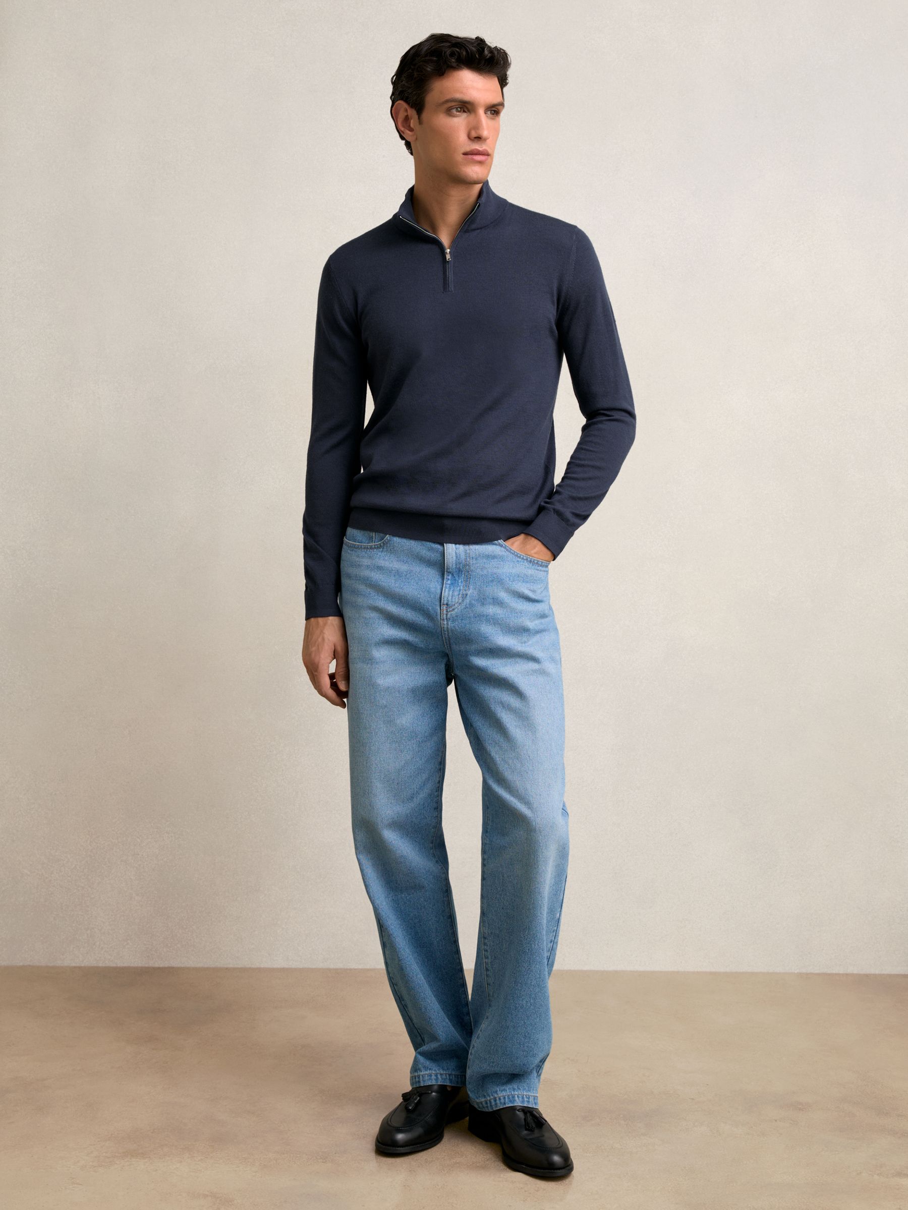 Merino Wool Half-Zip Funnel Neck Jumper in Midnight Navy - Image 3 of 5