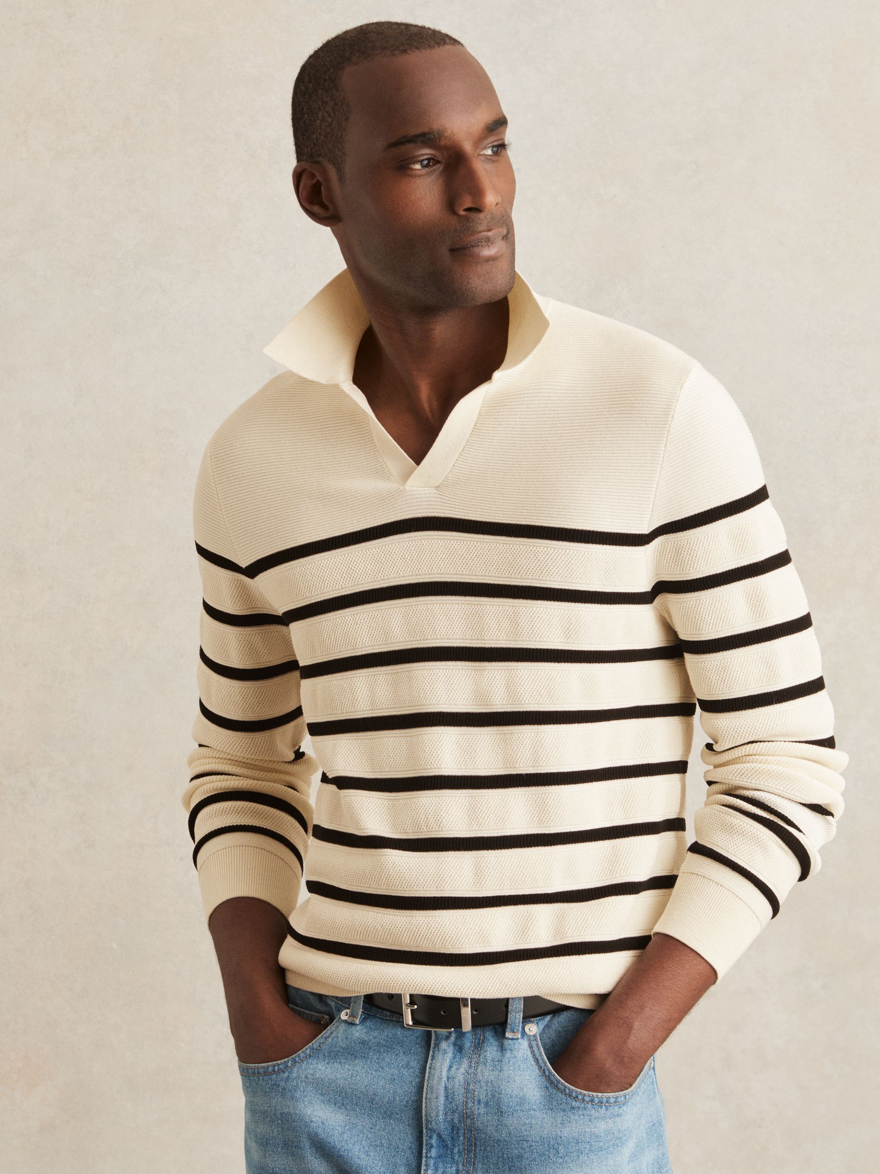 Cotton Blend Stripe Knit Polo Shirt in Warm Stone/Black - Image 1 of 5 Cotton Blend Stripe Knit Polo Shirt in Warm Stone/Black - Image 1 of 5