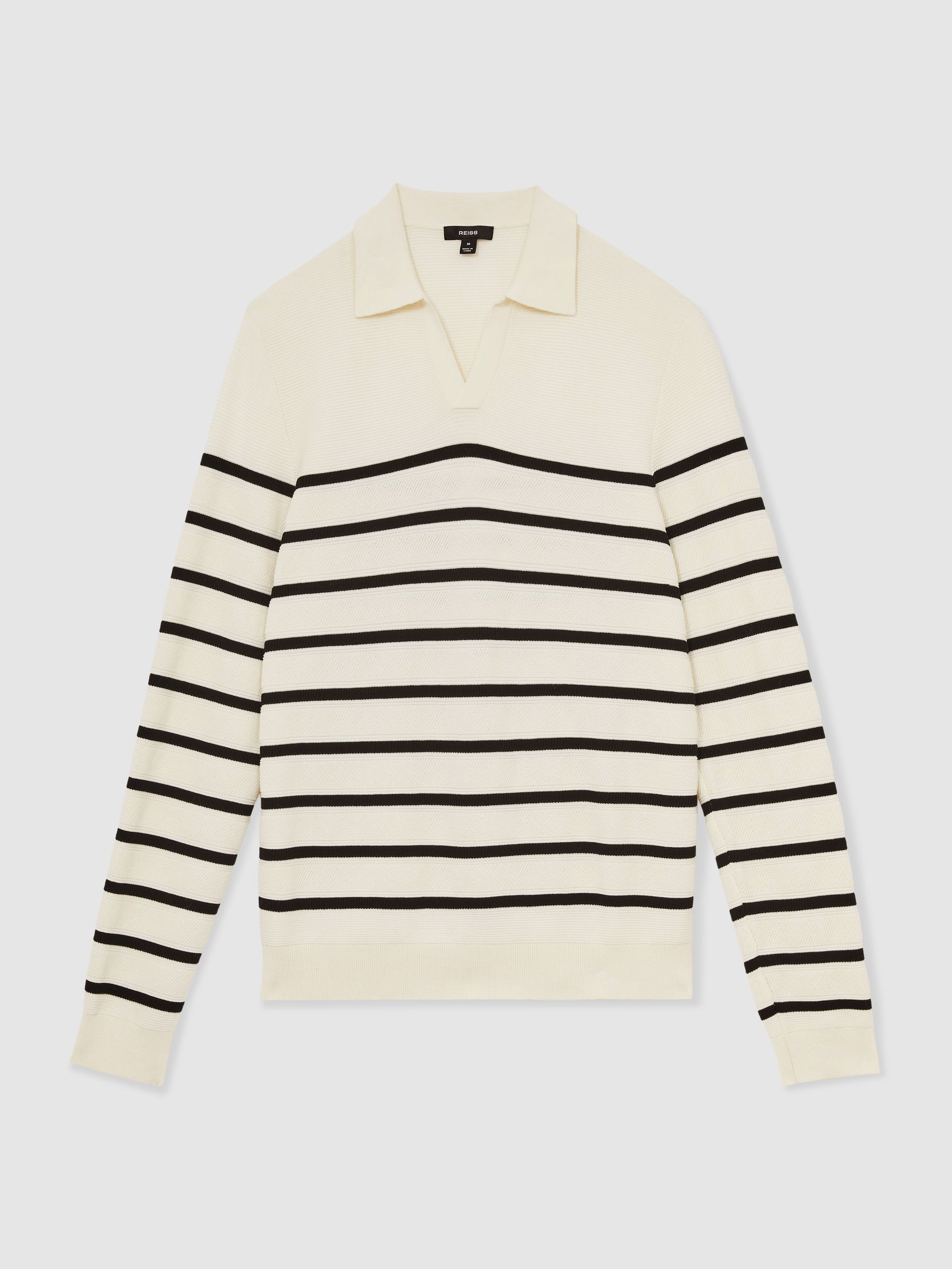 Cotton Blend Stripe Knit Polo Shirt in Warm Stone/Black - Image 2 of 5
