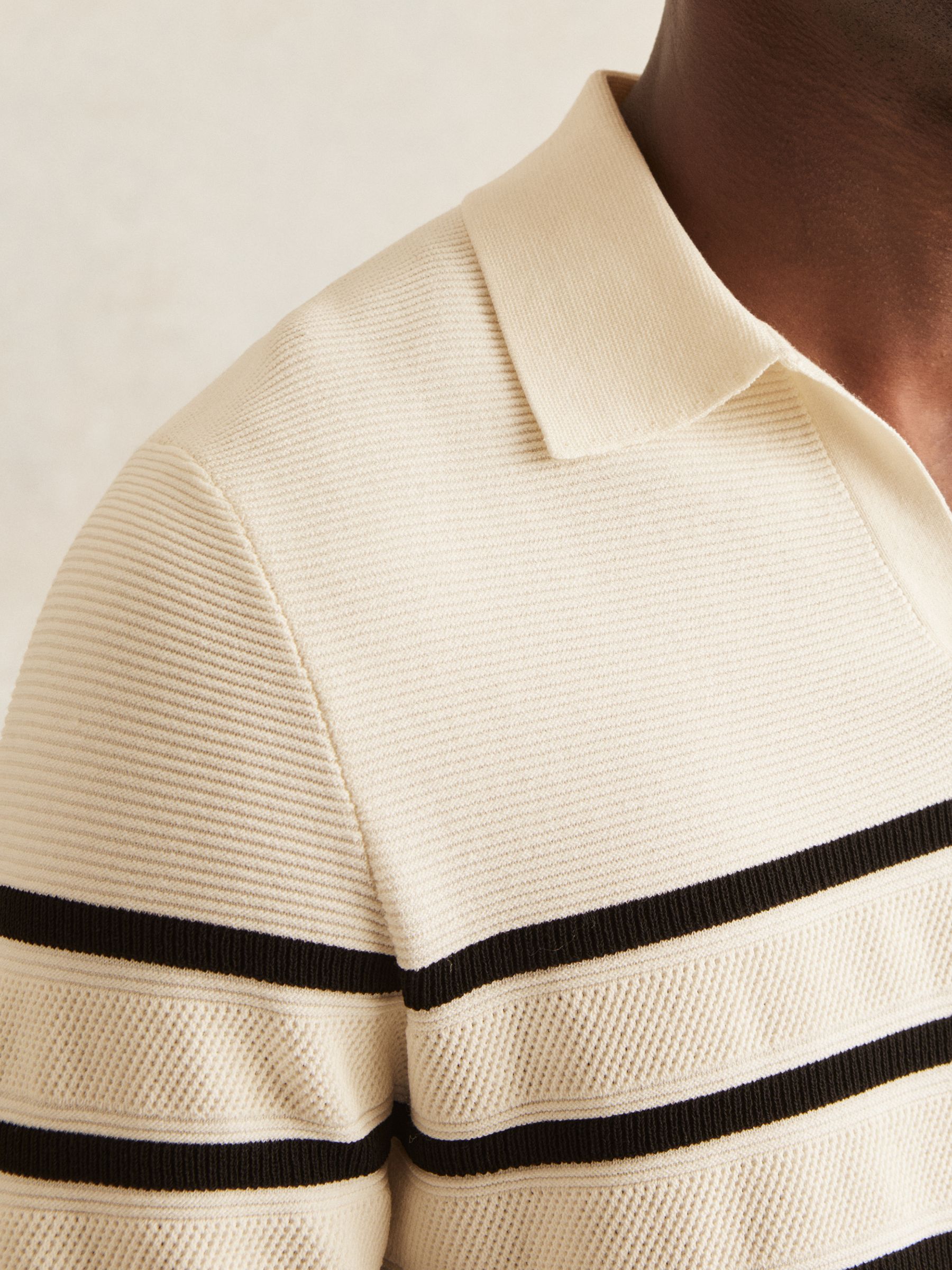 Cotton Blend Stripe Knit Polo Shirt in Warm Stone/Black - Image 3 of 5